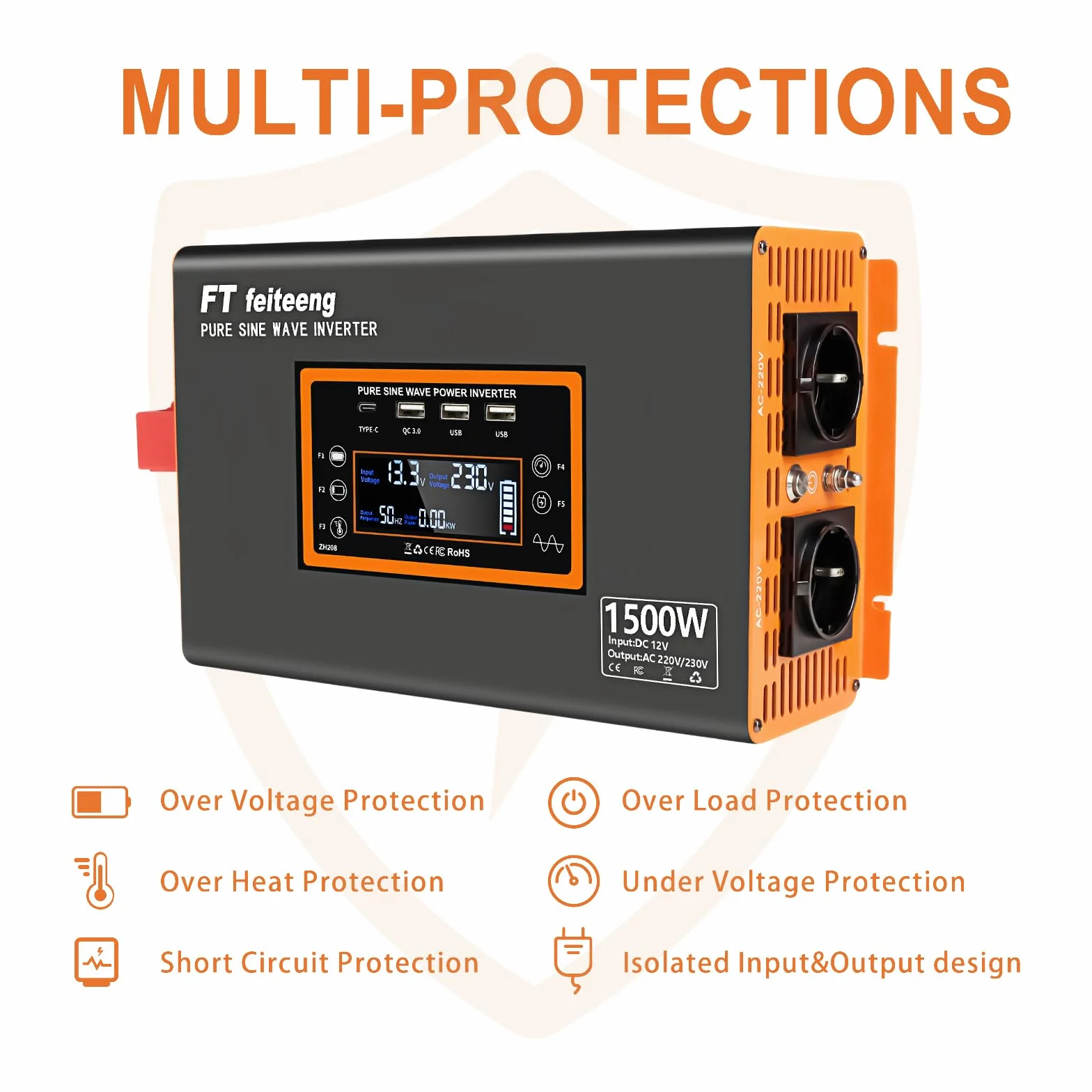 1500W/3000W Pure Sine Wave Inverter 12V 220V LCD Display with Remote, USB-C & QC 3.0 for Car, Camper, Truck