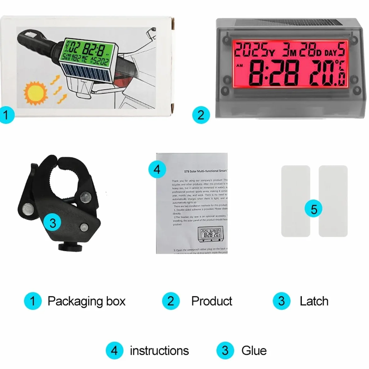 Orologio LCD ad energia solare -Orologio digitale multifunzionale per auto,impermeabile e antiurto,con ora, data, settimana, temperatura, supporto per maniglia per auto,moto,bicicletta,luce rosso