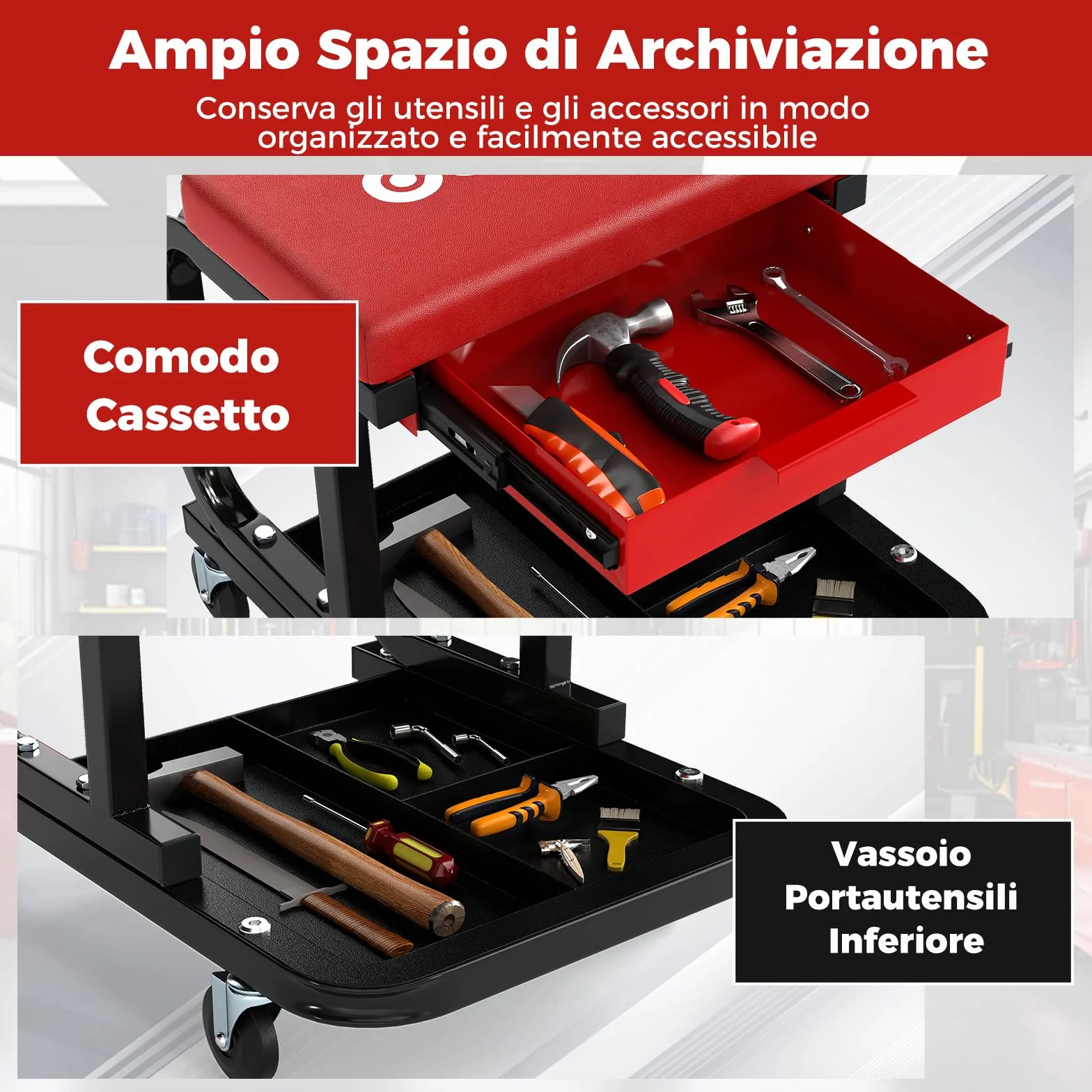 COSTWAY Sgabello da Officina con Ruote, Sedia Meccanico Imbottita, Cassetto e Vassoio, 185 kg, Rosso
