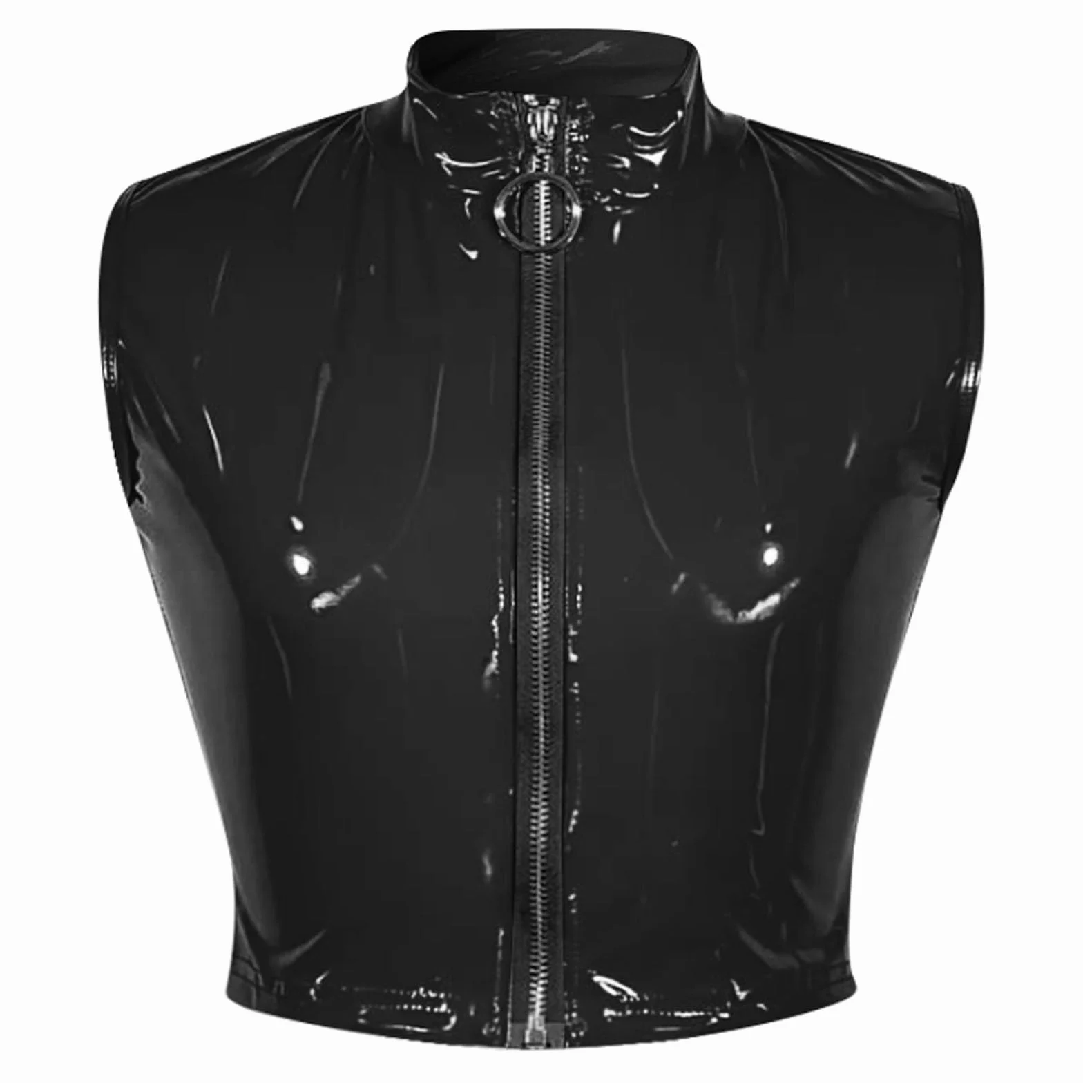 Donna Nero Colletto Alto Top in Lattice con Cerniera Frontale, T-Shirt Senza Maniche per Costumi Cosplay
