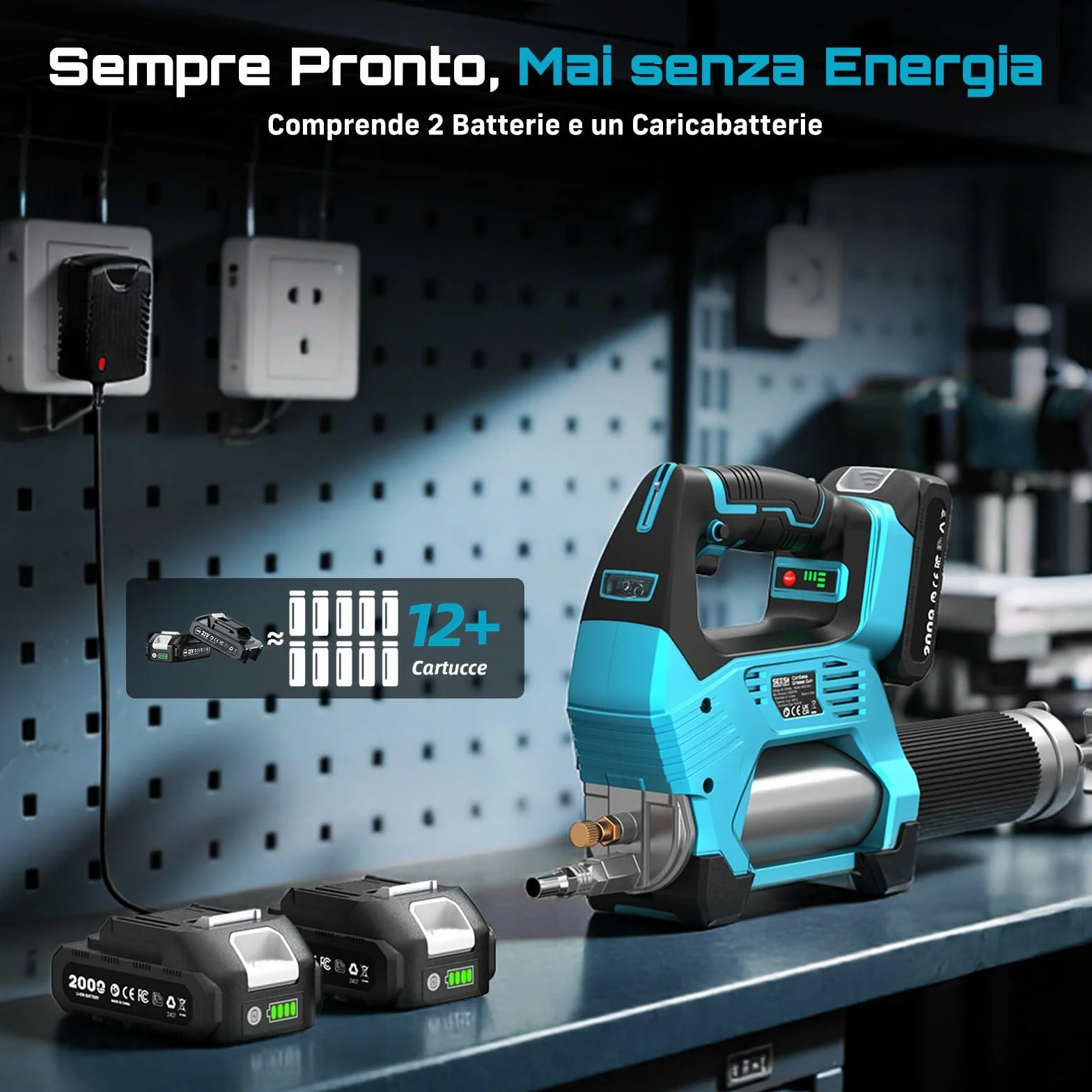 Seesii 12.000PSI Ingrassatore a Batteria con 2 Batterie (compatibili Anche con batterie Makita da 18 V), 3 velocità, Motore Brushless, 3 Testina Ingrassatore, Tubo da 1m, per Attrezzature Pesanti
