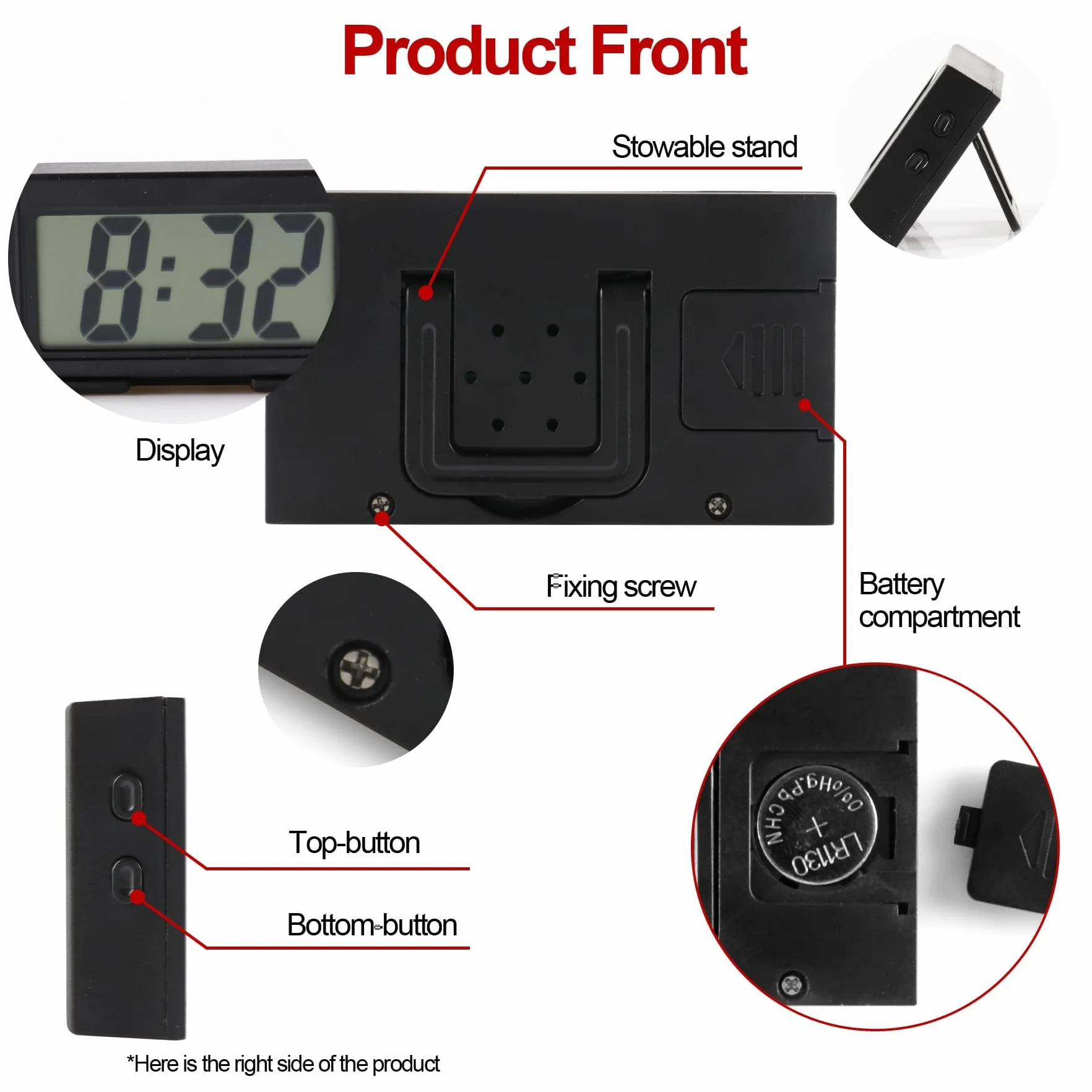 Mini Digital Car Clock Sticky Electronic Car Clock, Accessories with Clear LCD Screen Self-Adhesive Stand Digital Clock for Car Truck Dashboard Home Office Table