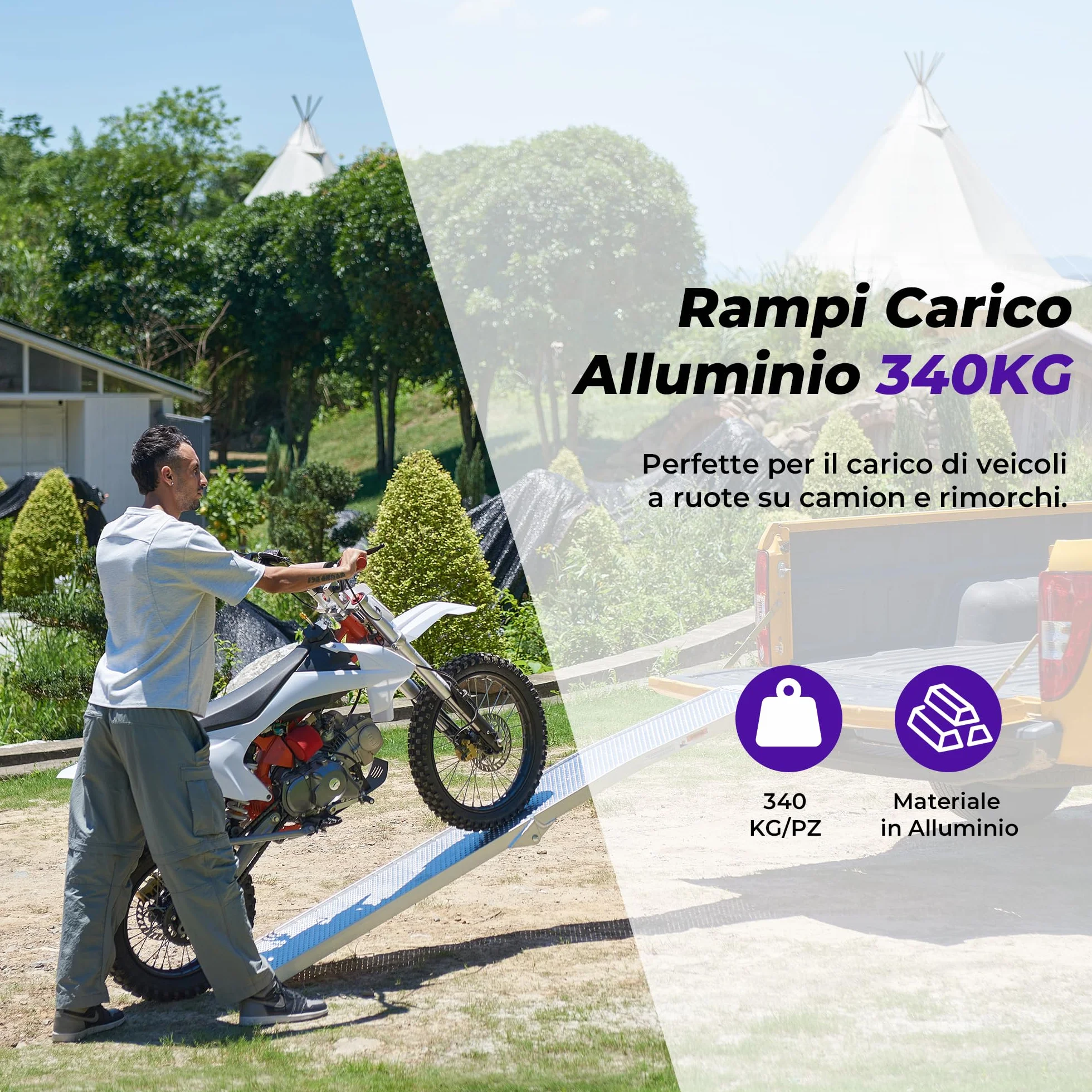 FACHNUO Rampa pieghevole in alluminio, 228 x 28 cm, portata 340 kg, per moto, quad, pick-up con manico portatile, superficie antiscivolo, salvaspazio (1 pezzo, argento)
