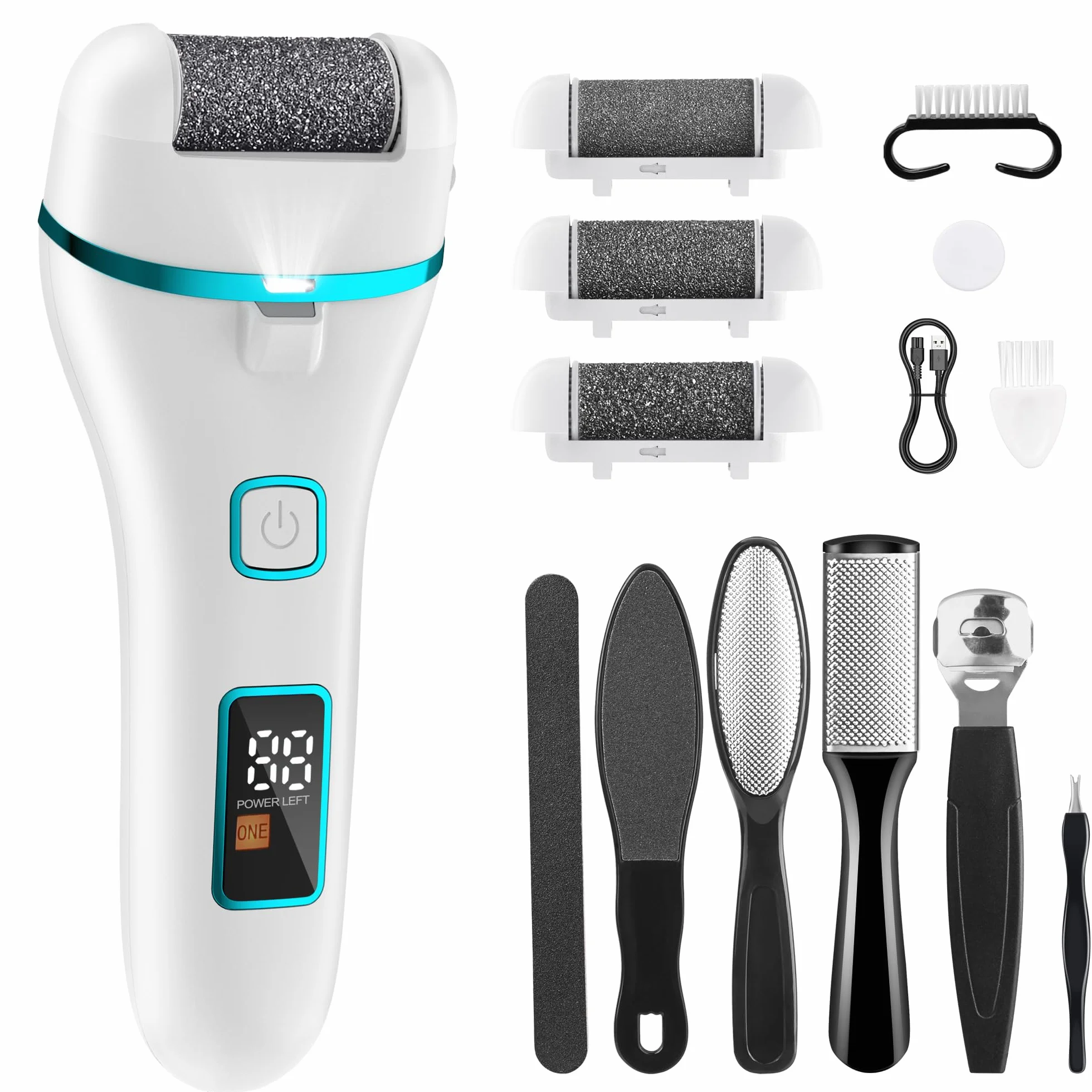 Pedicure Elettrico Professionale Ricaricabile con 3 Rulli di Ricambio, Kit Pedicure Piedi (Bianco)