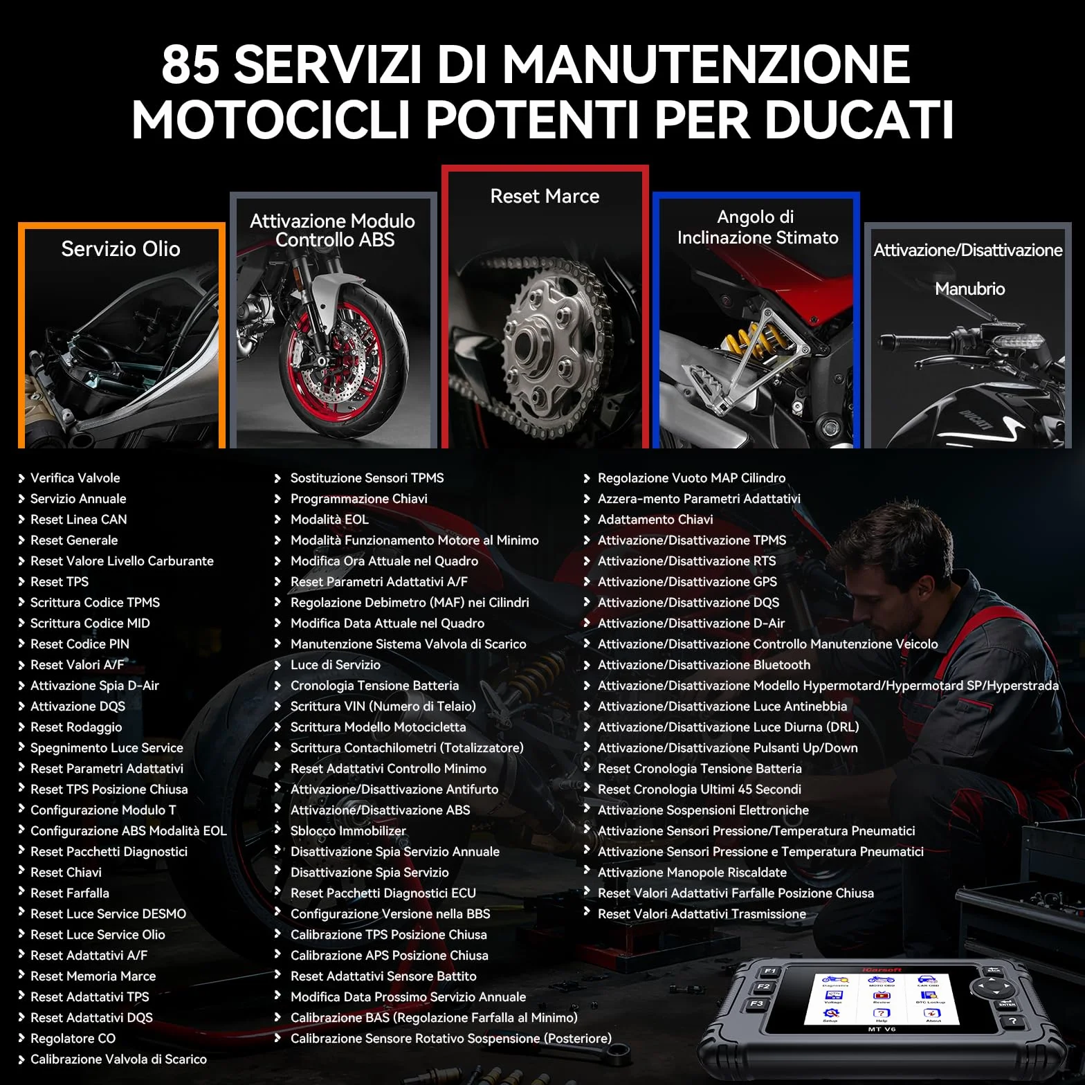 iCarsoft MT V6 Strumento diagnostico moto Ducati scanner 101 test attivi 85 servizi manutenzione lettura codici test batteria