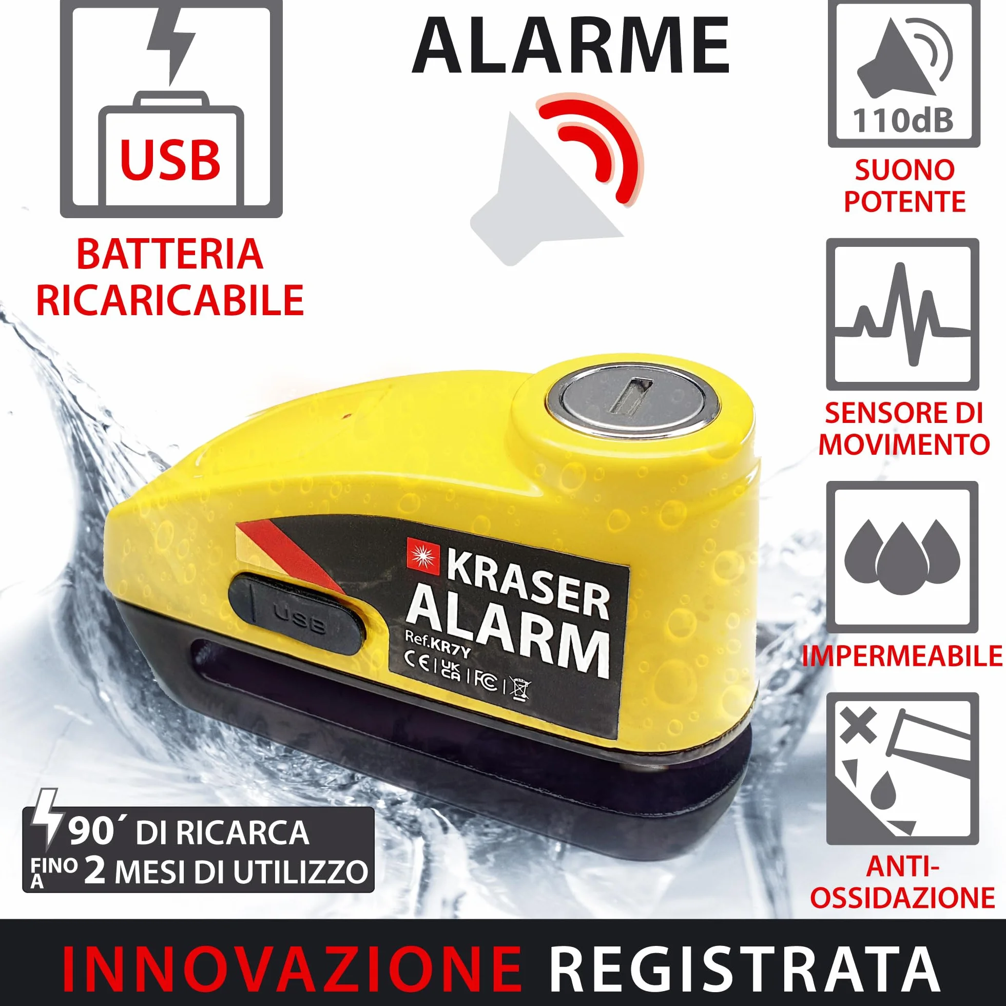 KRASER KR7Y Antifurto Moto Blocca Disco con Allarme 110dB, USB Batteria Ricaricabile, Sensori Movimento, Impermeabile Resistente Visibile, Blocco Veloce, Lucchetto Bloccadisco Sonoro 7mm Universale