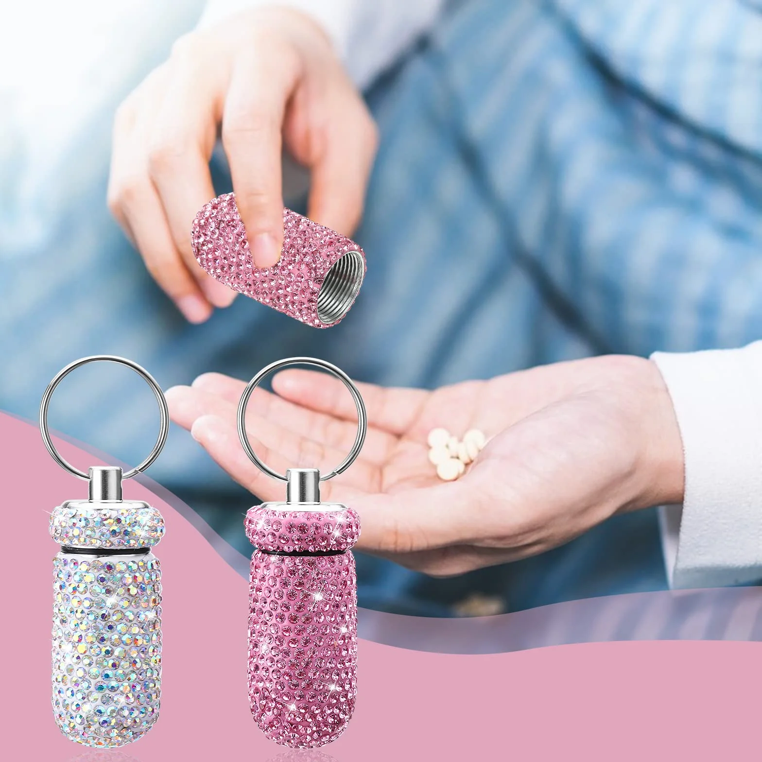 Cobee Contenitore per pillole impermeabile portatile 2 pezzi con cristalli portachiavi