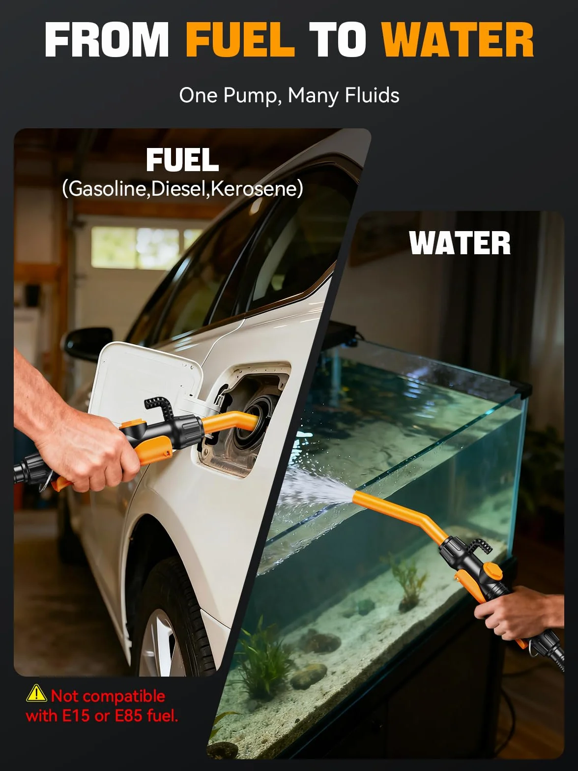 E1 Pompa Benzina, Pompa Carburante Manuale, Diesel a Batteria, 2,6 GMP, Aspirazione Portatile con Flusso Controllato e Tubo Flessibile a Prova di Perdite da 59 Pollici per Benzina, Diesel e Acqua