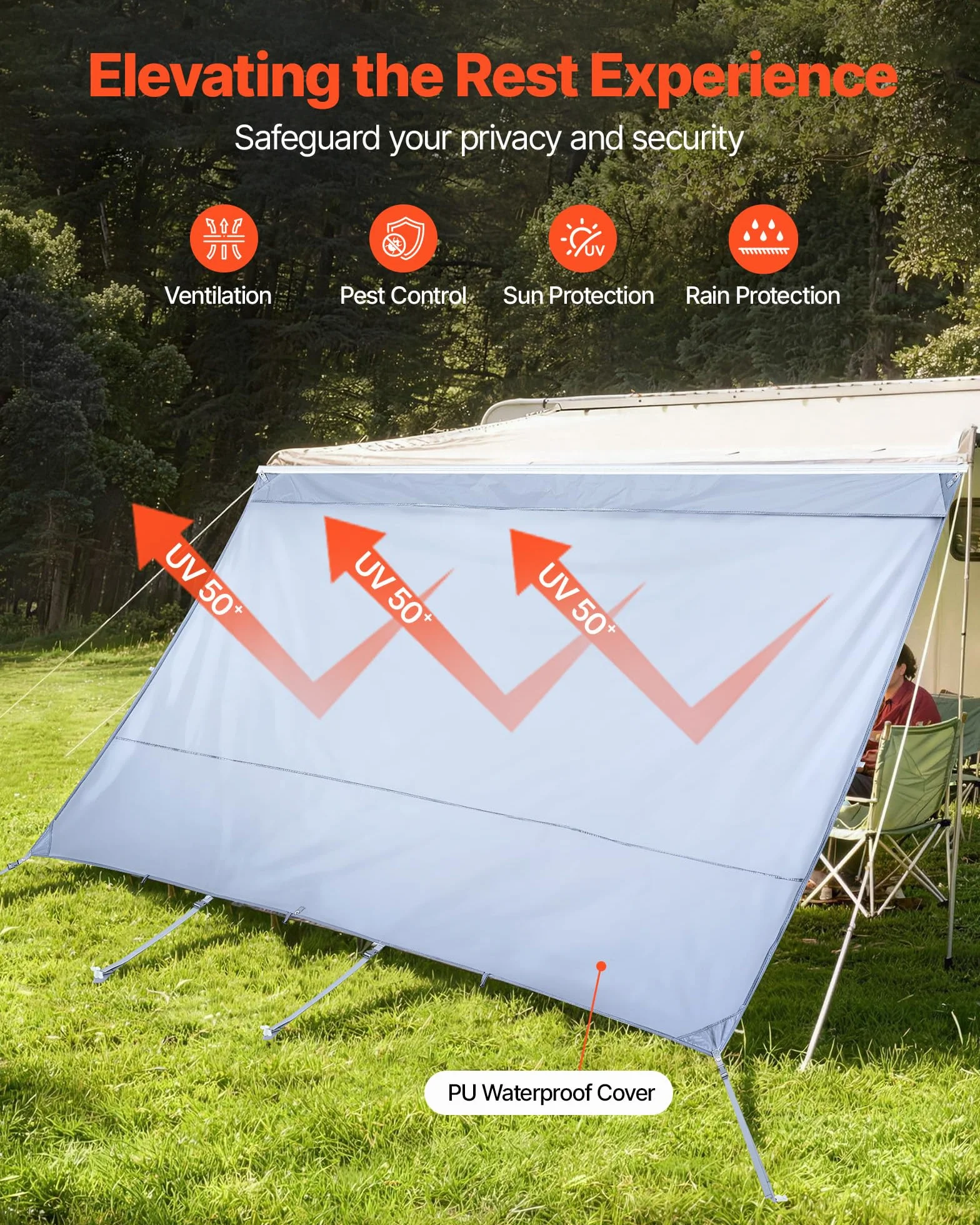 VEVOR Parasole per Camper Roulotte 2 x 3,7 m Pannello Frontale Tenda da Sole Poliestere Anti UV50+