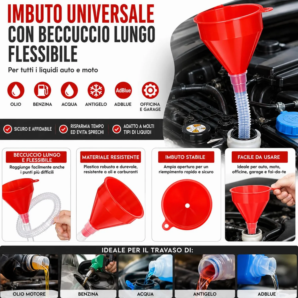 Imbuto Universale Auto con Beccuccio Lungo Flessibile Ø8 cm – per Olio, Benzina, Acqua, Antigelo, AdBlue