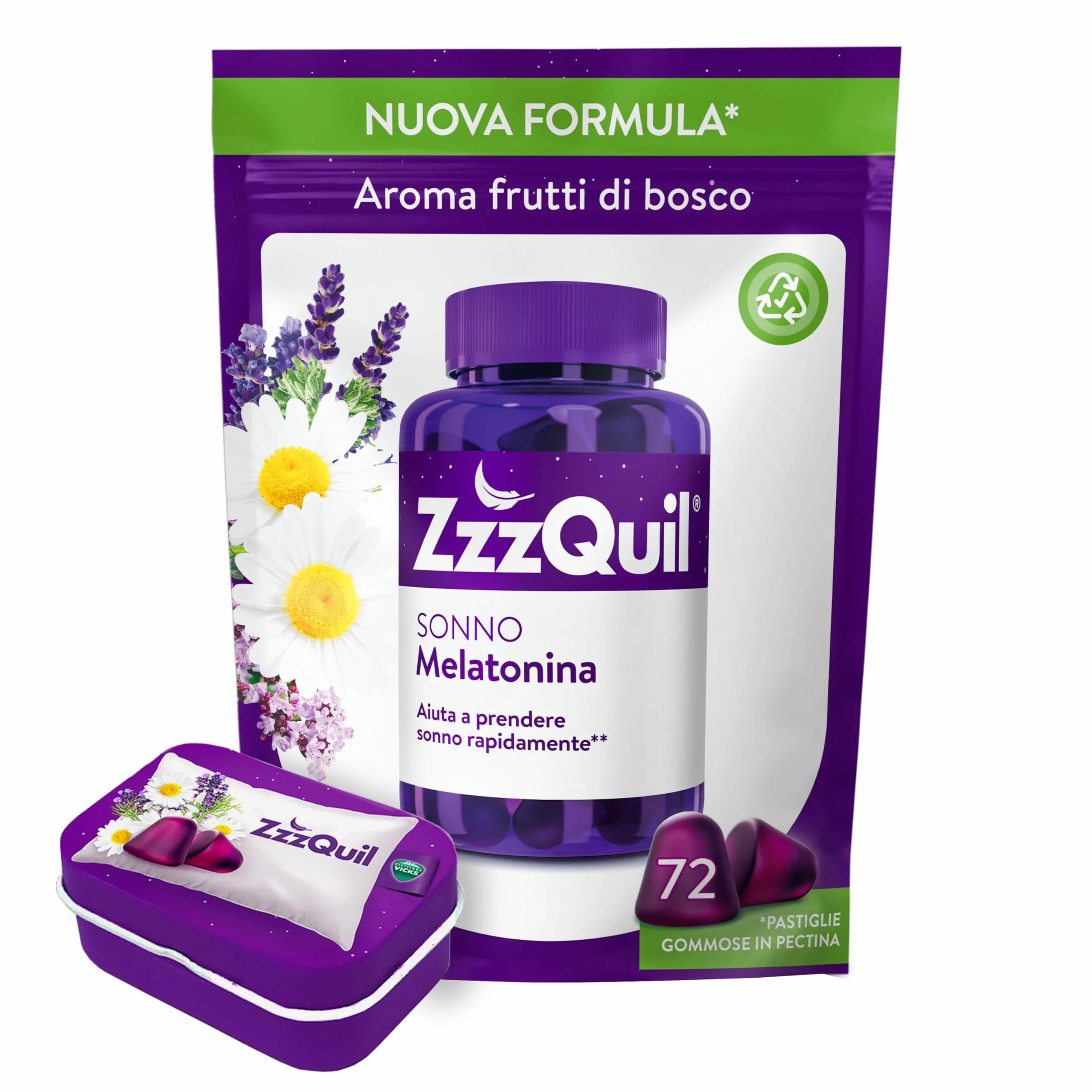 ZzzQuil Integratore per Dormire con Melatonina, Valeriana, Camomilla e Vitamina B6, 72 Gomme Gusto Frutti di Bosco