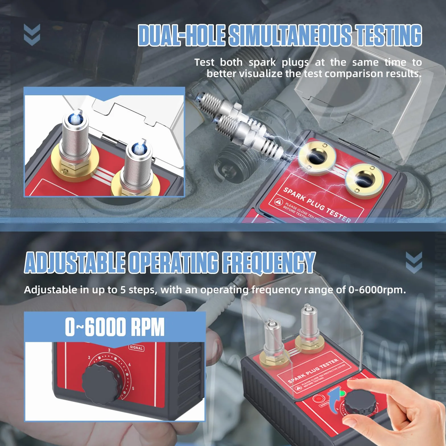 BELEY Tester per Candele Automobilistiche a Doppio Foro, Strumento Tester per Bobine di Accensione Regolabile 0-6000 giri/minuto, 12V Rosso