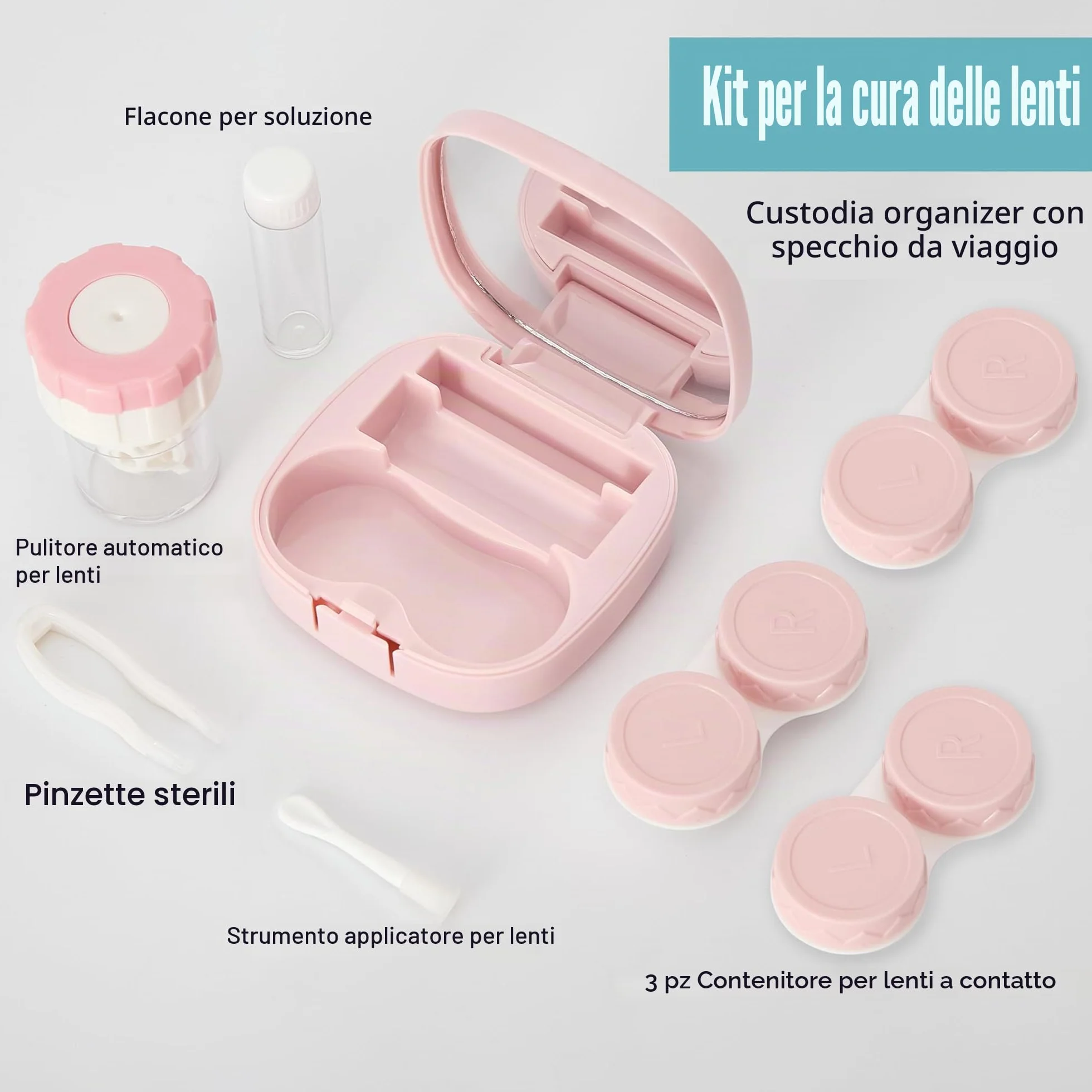 Kit da viaggio per lenti a contatto con pulitore, custodia portatile con specchio, pinzetta, strumento di rimozione, flacone per soluzione