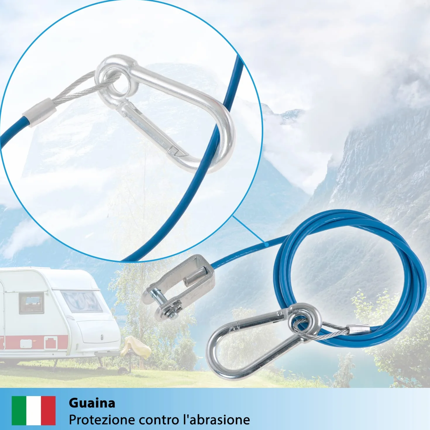 Cavo di sicurezza per rimorchi e caravan 1 m 250 kg blu con moschettone e testa a forcella