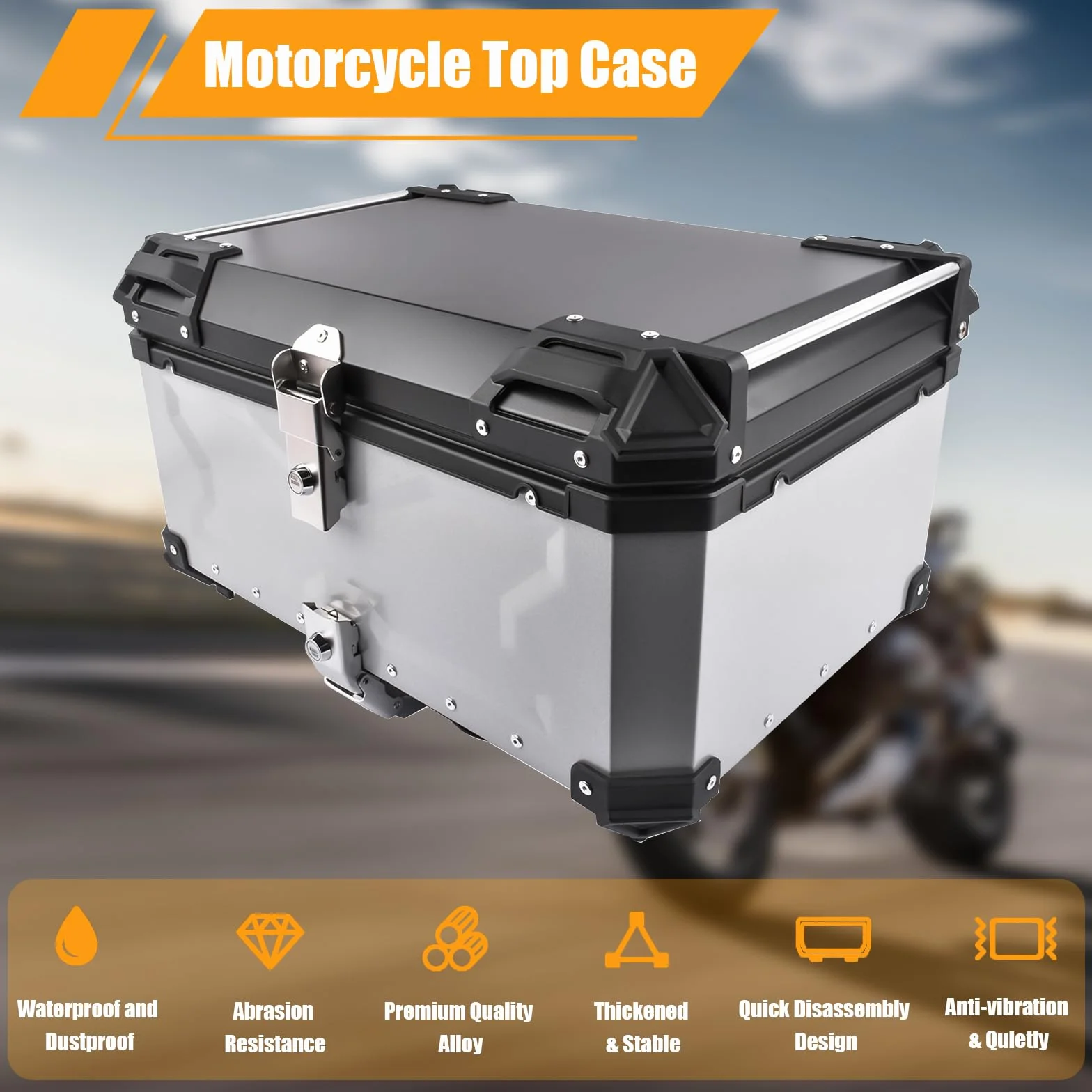 65L Bauletto moto, impermeabile bauletto alluminio, box bagagli per moto con serratura di sicurezza per conservazione 2 casco, Argento