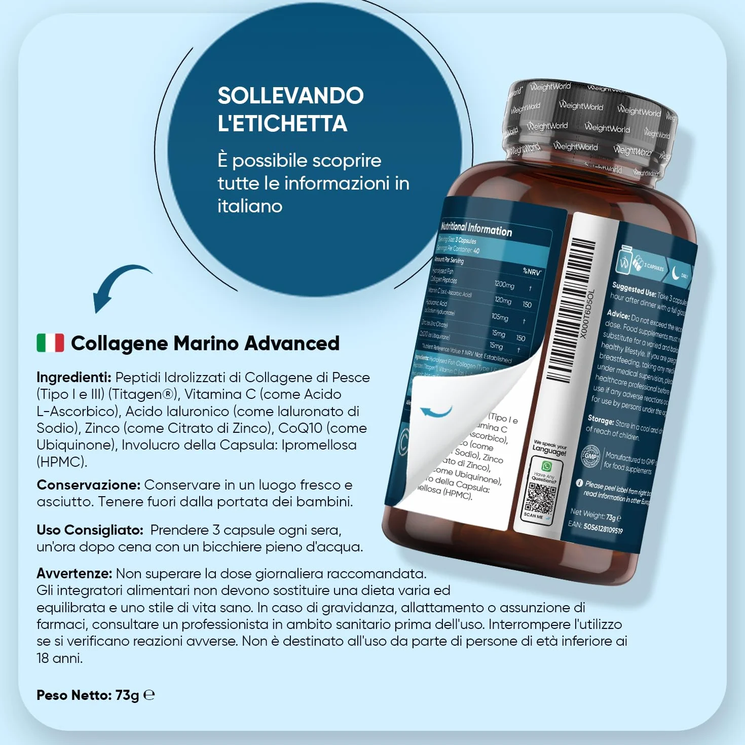 Collagene Marino con Acido Ialuronico, Peptidi, Vitamina C, Coenzima Q10, Zinco, 1200mg