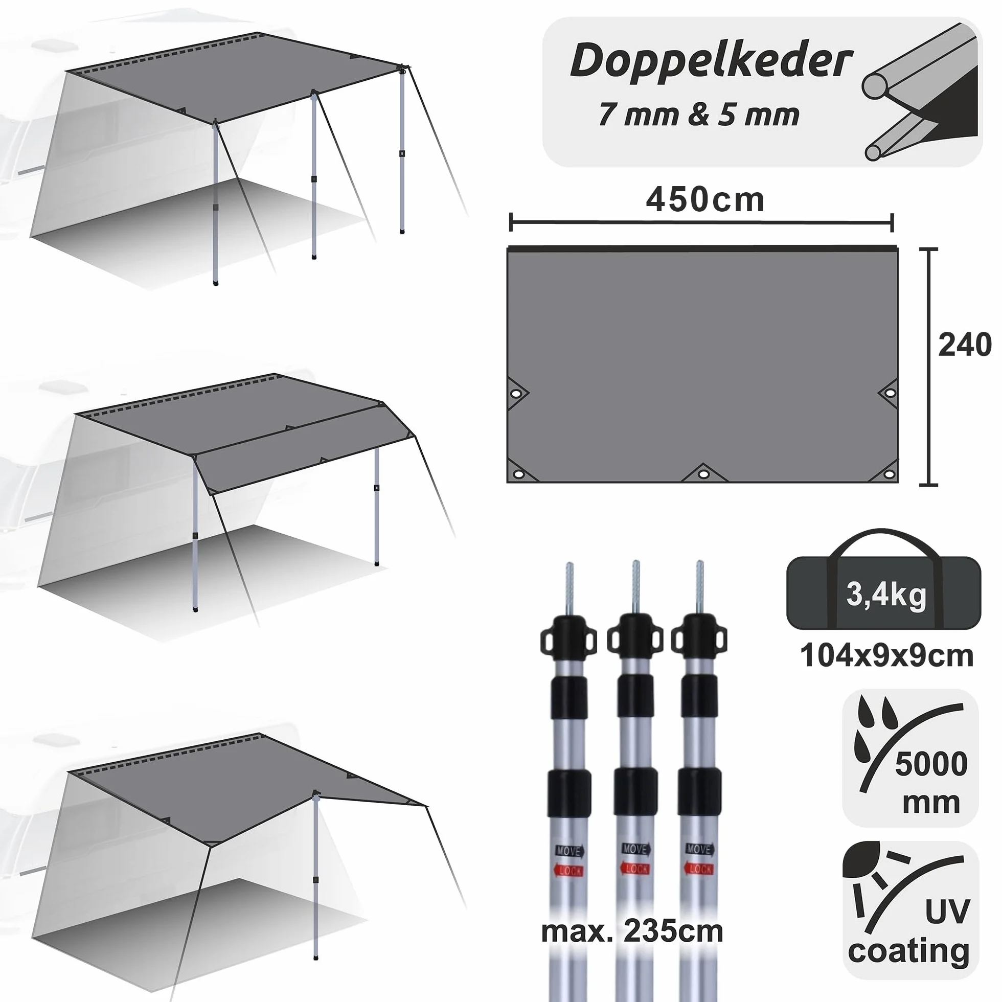 yourGEAR - Tenda da sole per roulotte e roulotte, con aste di appoggio UV 50+, impermeabile, 5000 mm, doppio listello da 7 mm e 5 mm (grigio, 450 x 240 cm)