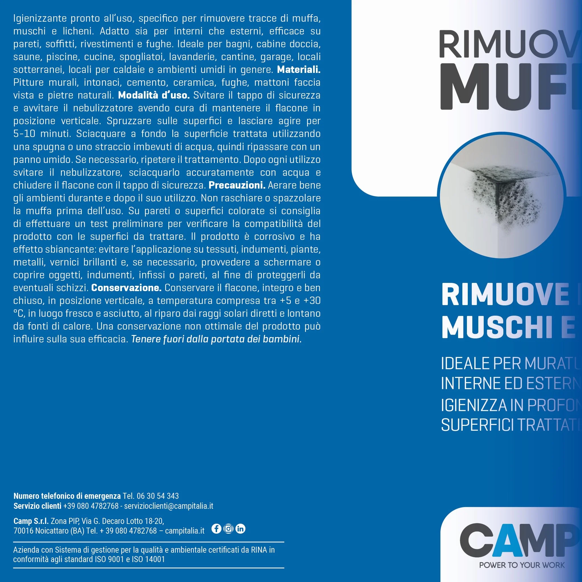 CAMP Rimuovi Muffa Antimuffa Spray 750 ml per Muri Interni ed Esterni