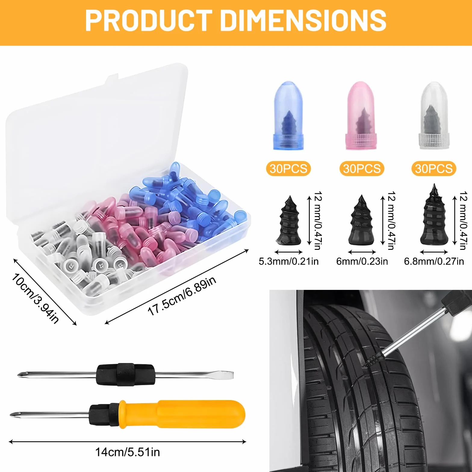 Kit Riparazione Pneumatici Auto 100 Pezzi, Set Chiodi Tubeless, Cacciavite e Scatola
