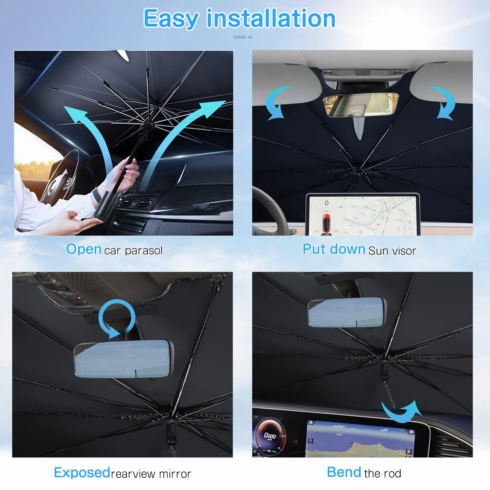 Parasole Auto Ombrello Pieghevole Anti-UV Isolation Thermique 138x80cm per SUV MVP Camion