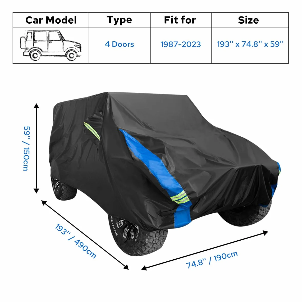 Avecrew Copertura impermeabile per Jeep Wrangler 4 porte, tutte le condizioni atmosferiche per Jeep Rain Cover per automobili, esterno completo esterno per Jeep Covers Fits JK JL TJ YJ CJ