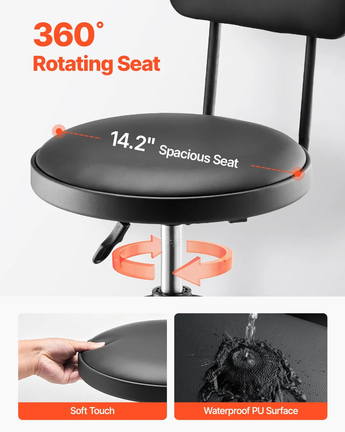 VEVOR Sgabello da Officina Girevole 360° con Schienale, Sedile Regolabile in Altezza, Capacità 136 kg, Nero