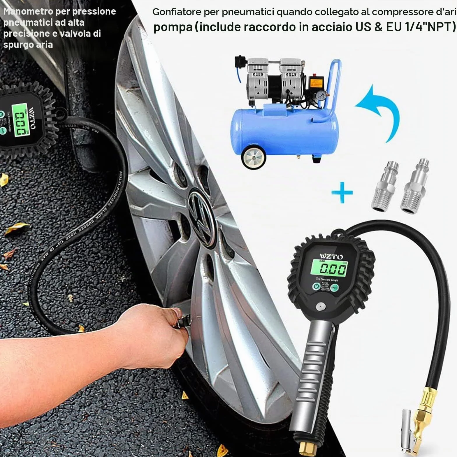 Manometro Pressione Gomme Professionale Digitale 255 PSI Pistola Gonfiaggio Pneumatici LCD Retroilluminato