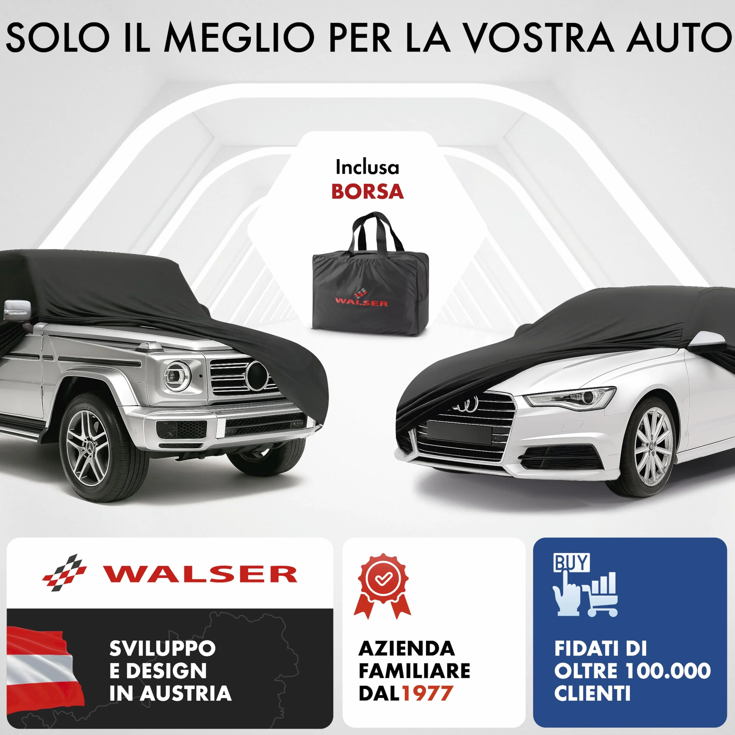 WALSER Telo Copriauto da Interno Elasticizzato Indoor Stretch - Morbido e Antipolvere, Copertura Protettiva per Auto, Protezione Completa in Garage Misura 2 nero