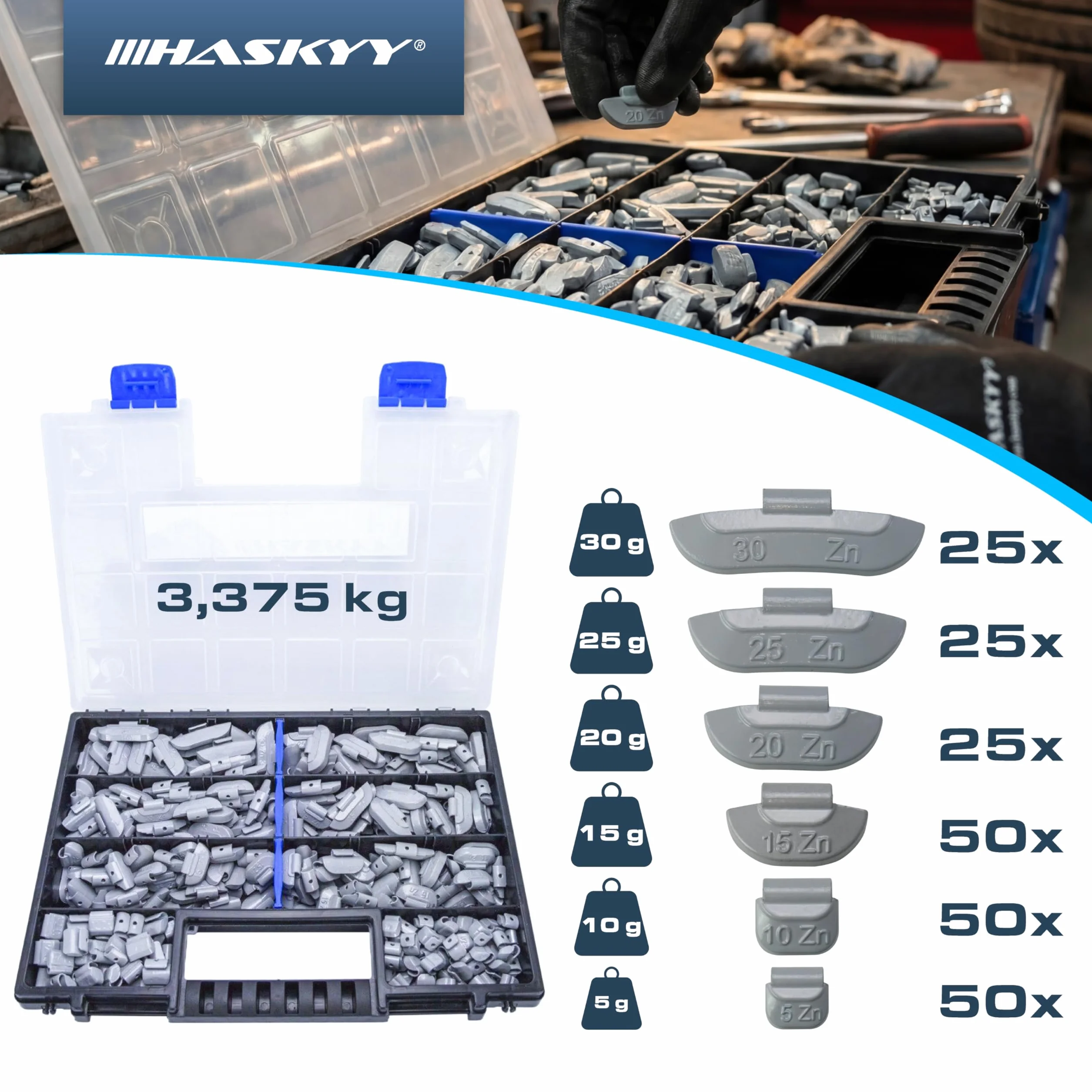 HASKYY 225 Contrappesi assortiti da 5 a 30g per equilibratura ruote in ferro auto compreso l'organizzatore/scatola di assortimento
