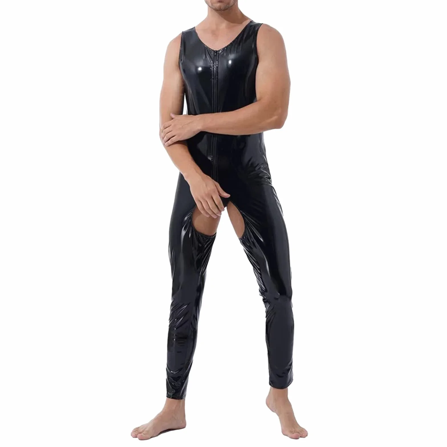 Mężczyzna Lattice Catsuit Tuta z Lateksu Slim Fit Błyszczący Lakkierowany Skórzany Strój na Imprezę Clubwear