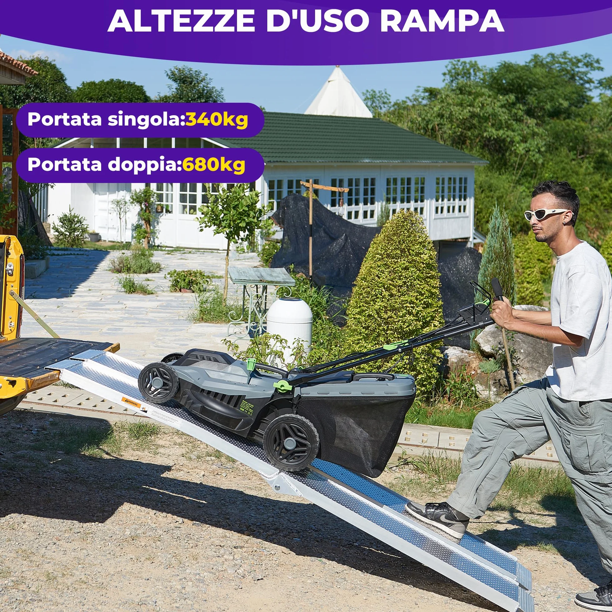 FACHNUO Rampa pieghevole in alluminio, 228 x 28 cm, portata 340 kg, per moto, quad, pick-up con manico portatile, superficie antiscivolo, salvaspazio (1 pezzo, argento)