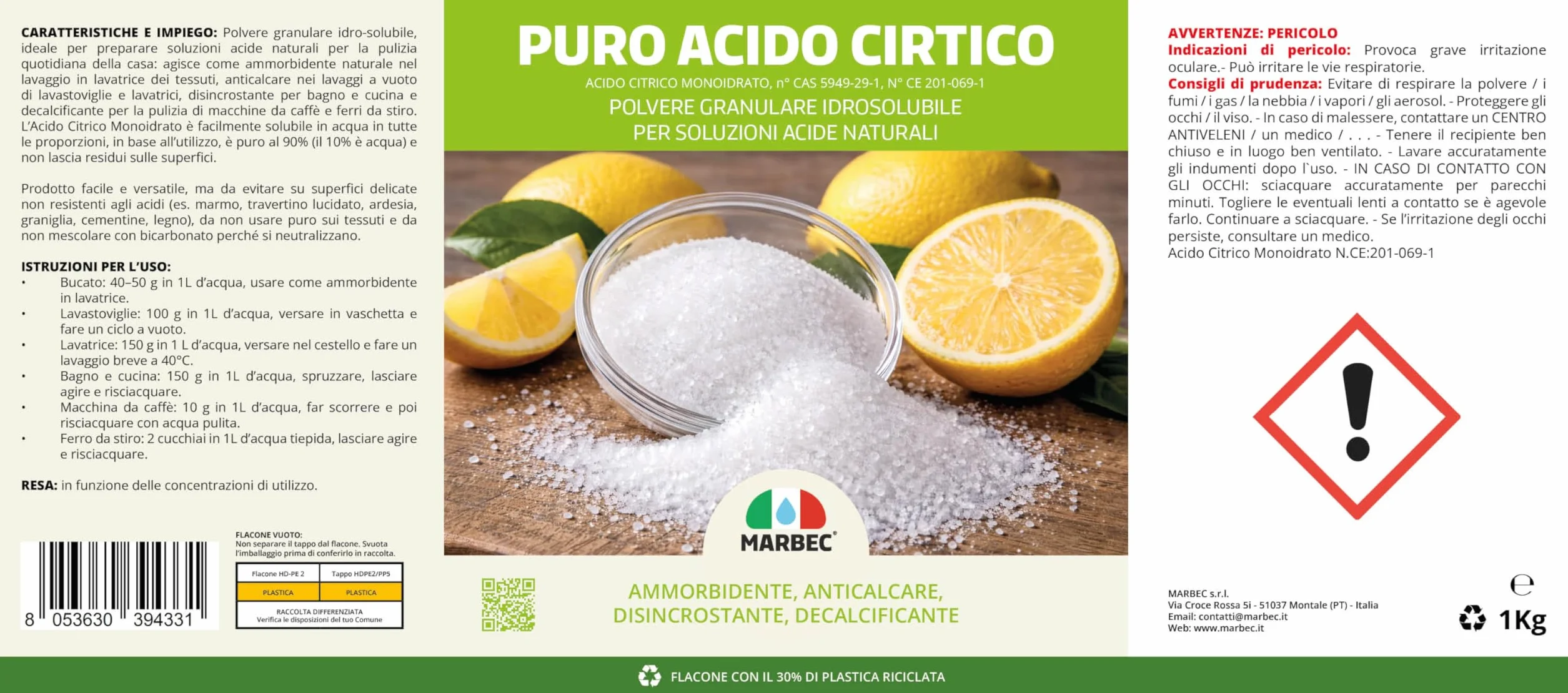 MARBEC PURO ACIDO CITRICO 1KG Detergente disincrostante anticalcare, ammorbidente naturale, polvere idrosolubile