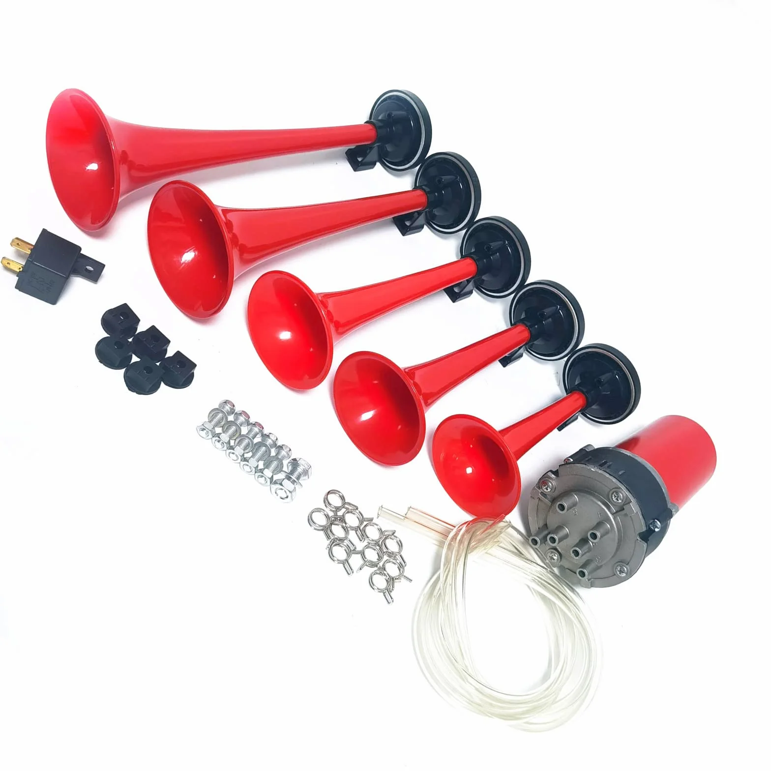 Clacson per auto Clacson Car Horn 12V Clacson per nave Tromba a cinque tubi Dixie 160db Tromba d'aria rossa Tromba per camion con altoparlante della pompa dell'aria per 12V auto camion SUV ecc