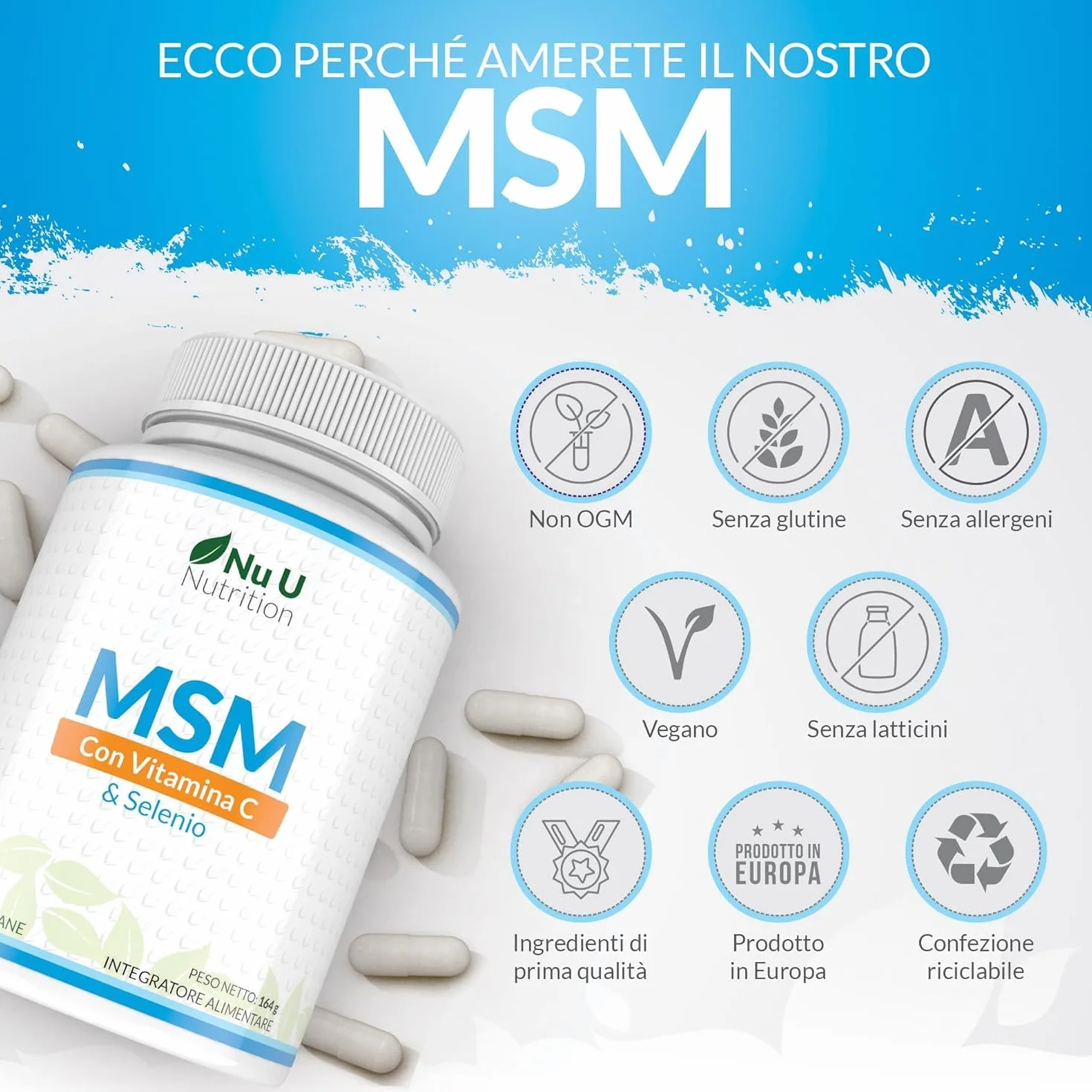 Nu U Nutrition MSM Puro Vitamina C & Selenio 180 Capsule Vegane 600mg Integratore Metilsulfonilmetano