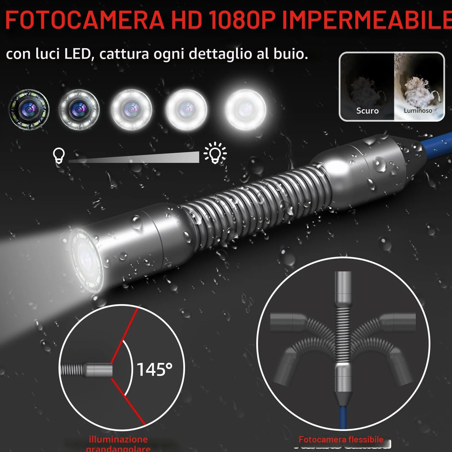 Sanyipace Telecamera di Ispezione 30m con DVR per Tubi Fognature, Batteria 5600 mAh, 8 LED Regolabili, 32GB