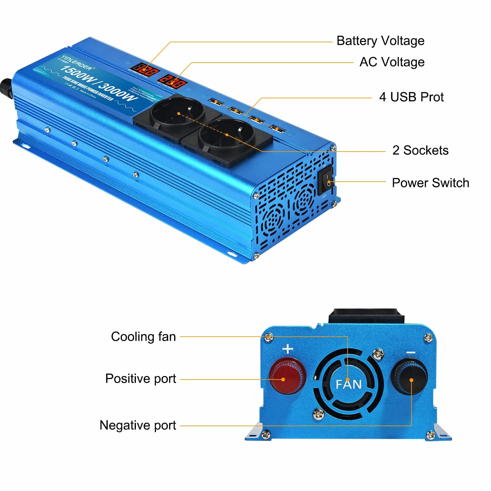 Yinleader 1500W 3000W Pure Sine Wave Power Inverter DC 12V to AC 220V 230V with 2 AC Outlets 4 USB Ports for Car Truck Camper