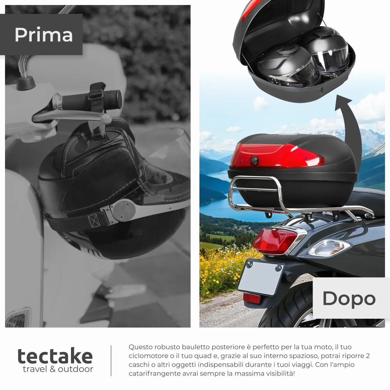 Tectake Bauletto Moto 48 Litri Top Case Universale Valigia Posteriore 2 Caschi Serratura