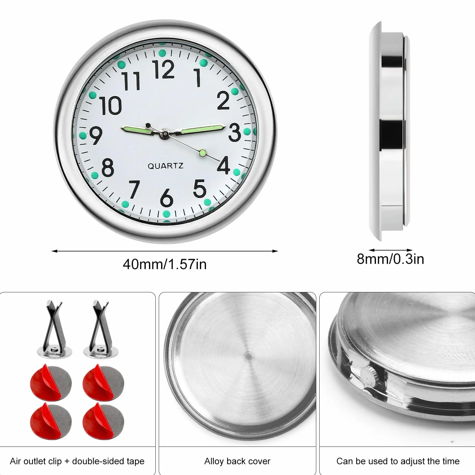 TNSLAND Mini Orologio per Auto Analogico al Quarzo Luminoso con Adesivo Biadesivo e Clip di Ventilazione