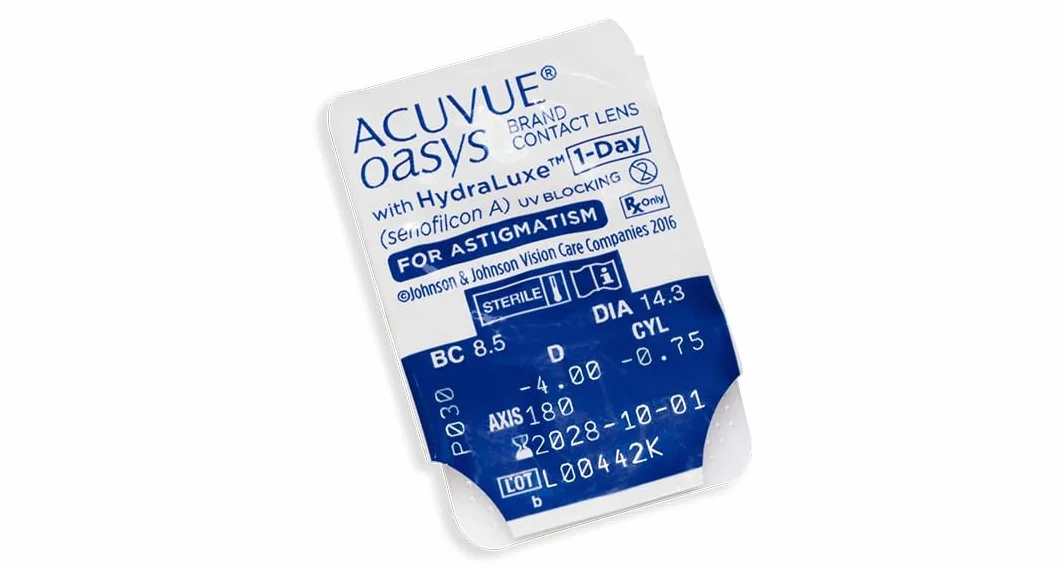 ACUVUE OASYS 1-Day per astigmatismo, lenti a contatto giornaliere, -2.25 diottrie, Cilindro -0.75, Asse 180, BC 8.5, DIA 14.30, 30 lenti
