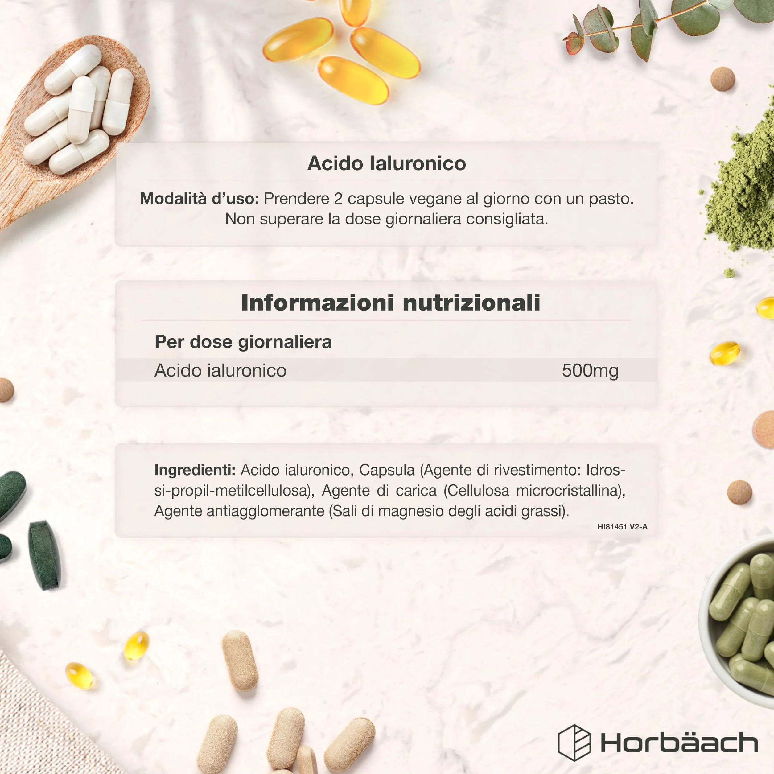 Horbaach Acido Ialuronico Compresse 500mg 90 Capsule Vegane Alto Dosaggio