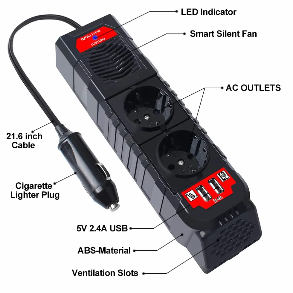 Inverter 12V 220V 150W Convertitore Tensione DC 12V a 230V AC per Auto Camper con 2 Porte USB