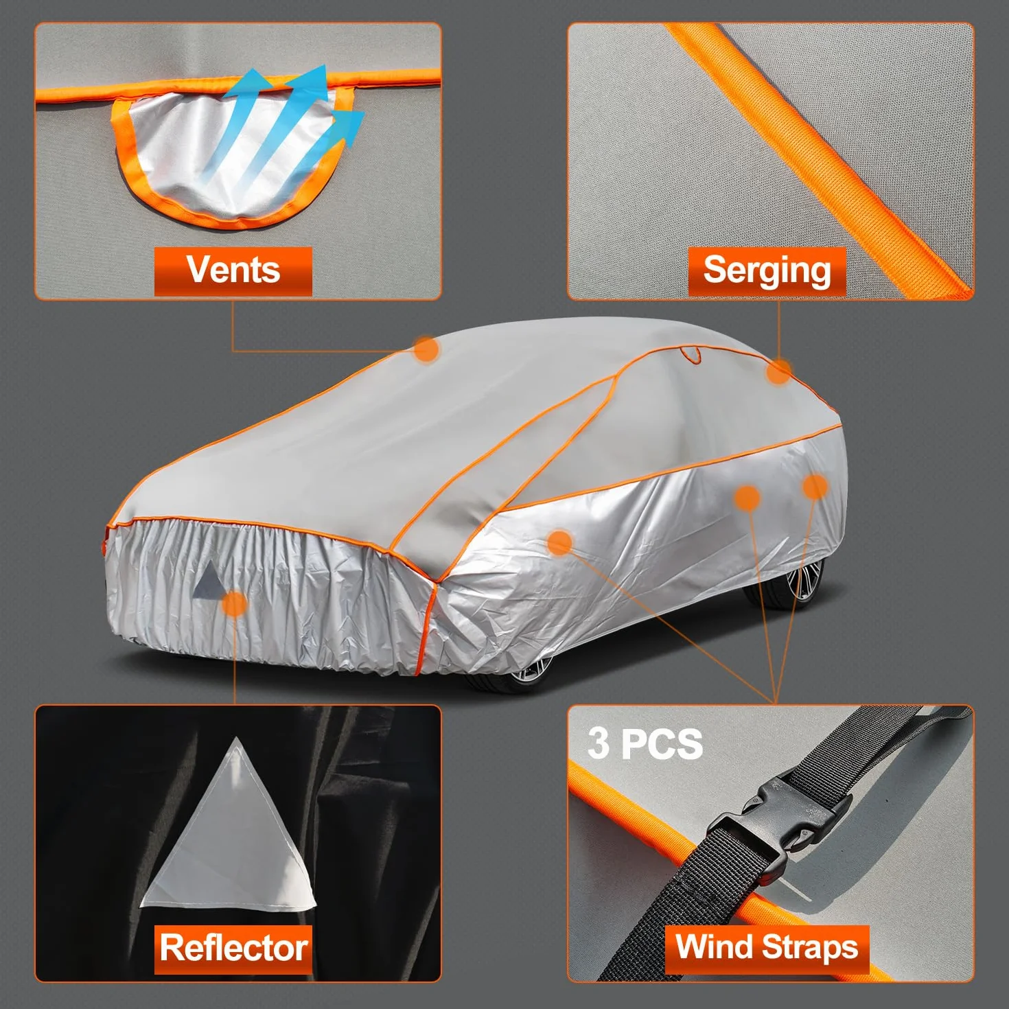 Telo Copriauto Antigrandine, Kayme Copertura per Auto Impermeabile Anti UV Antipolvere Anti Vento, Telo Copri Antigrandine Adatto per Auto a SUV (da 460 a 490cm) YL– Grigio
