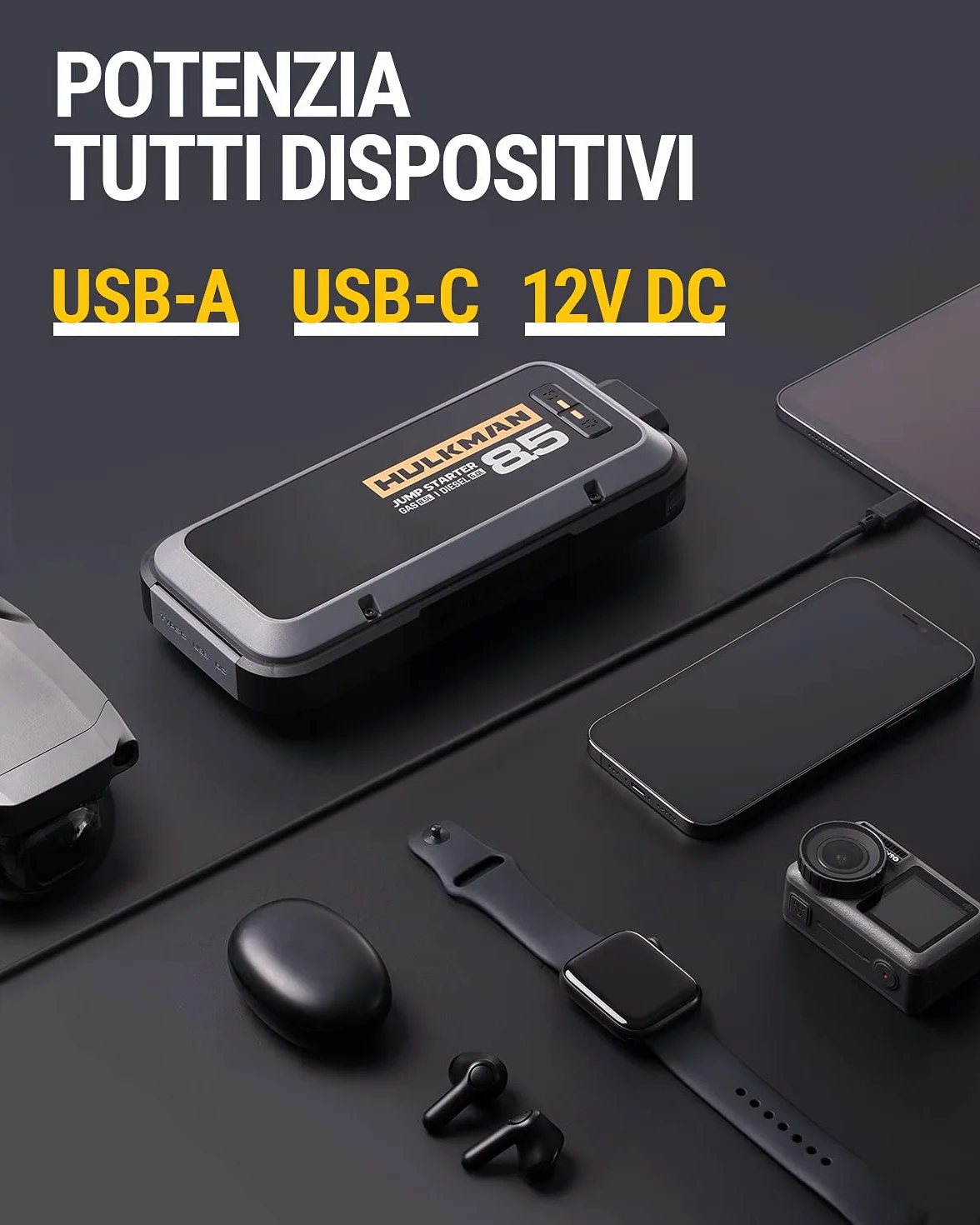 HULKMAN Alpha85 Grigio Spazio, Avviatore di Emergenza Intelligente 2000A 74Wh, Booster Batteria Auto 12V Portatile con Schermo da 3.3",Power Bank USB-C, Cavi per Motori fino a 8.5L Benzina/6.0L Diesel