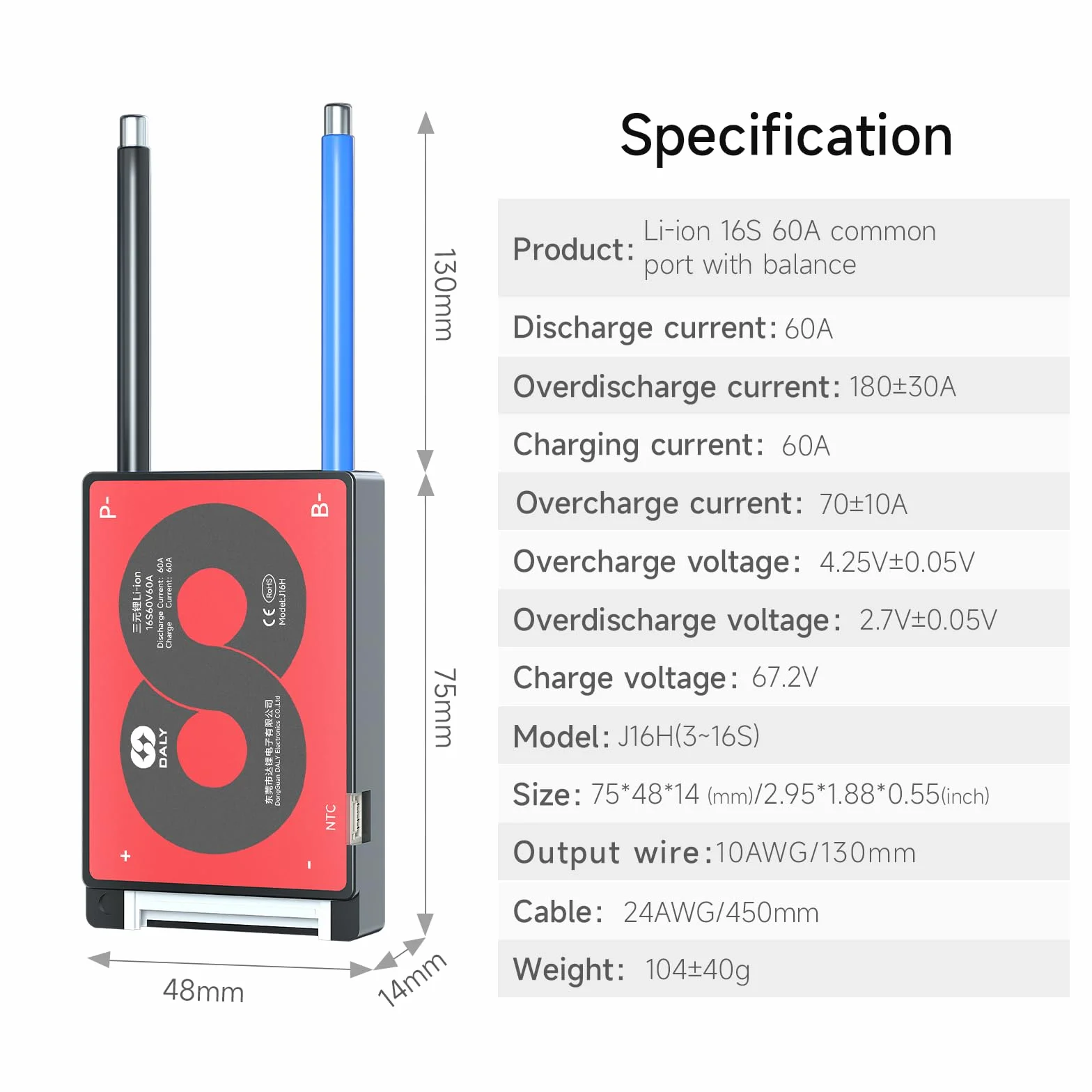 DALY 3S-24S BMS da 15A a 200A Scheda di protezione con filo di bilanciamento e sensore di temperatura per pacco batteria al litio (Li-ion 16S 60V, 60A)