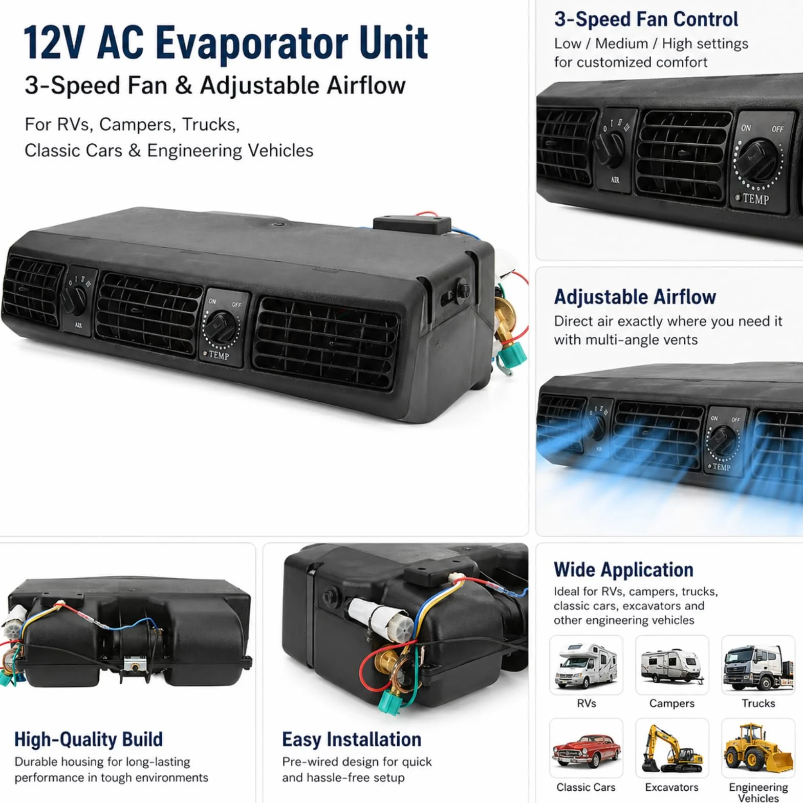 Evaporatore Universale 360CFM 12V per Condizionatore d'Aria Sotto il Cruscotto per Camper Furgoni