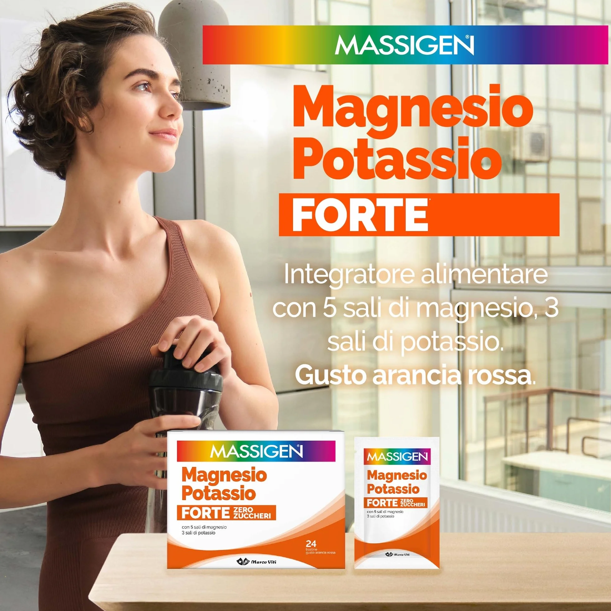 Massigen Magnesio e Potassio Forte Zero Zuccheri Gusto Arancia Rossa Integratore 24 Bustine