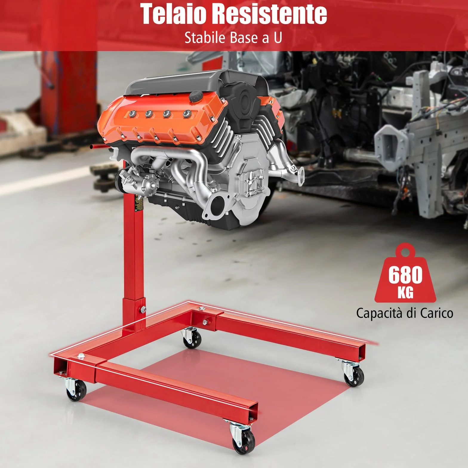 COSTWAY Cavalletto per Motore, Supporto Motore con Testa Rotante a 360°, 4 Bracci Regolabili, Ruote e Maniglia, capacità di carico 340 kg / 680 kg (Modello 680kg)