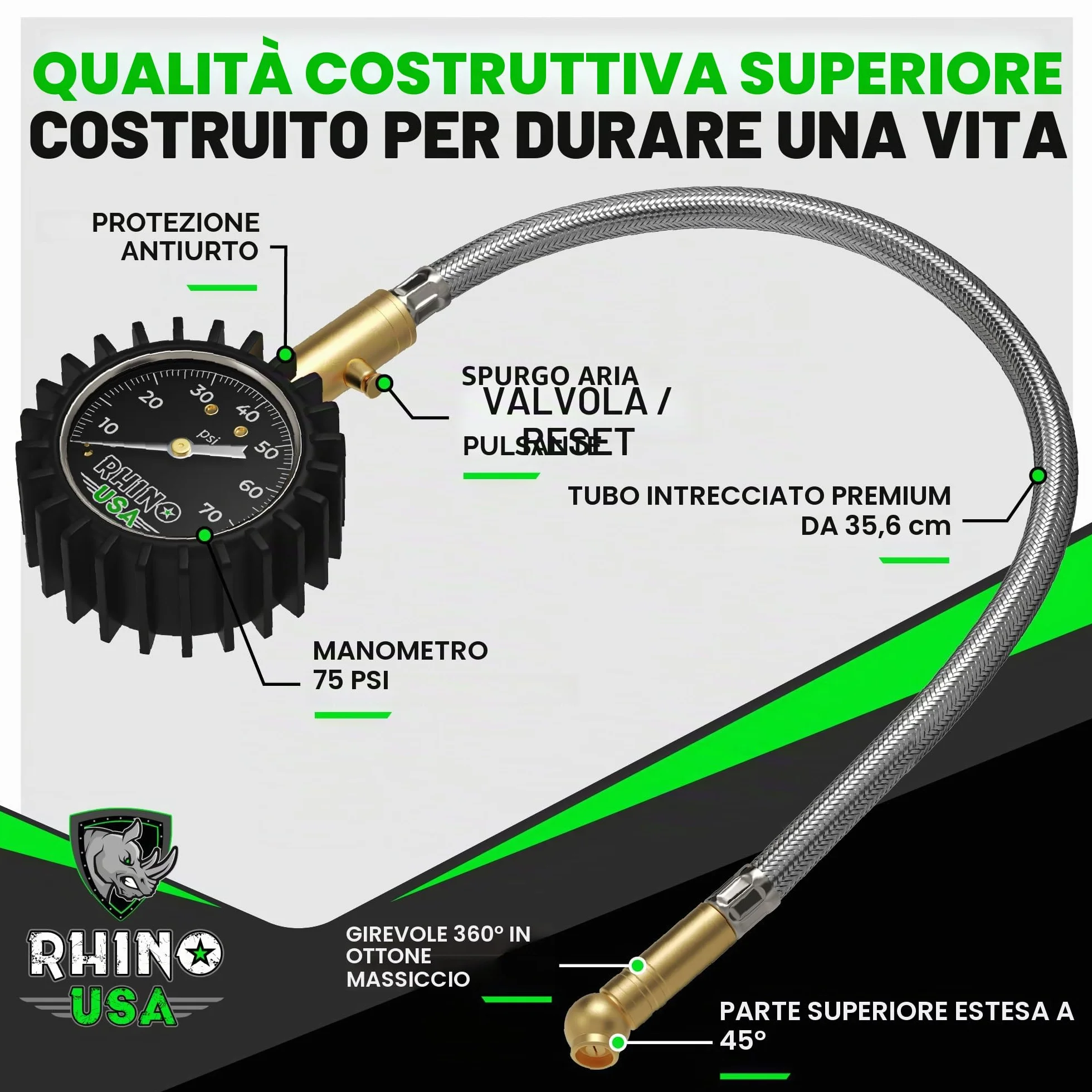 Rhino USA Manometro Pressione Gomme 0-75 PSI - Accuratezza Certificata ANSI B40.1, Quadrante 5 cm - Manometro Auto Camion Moto