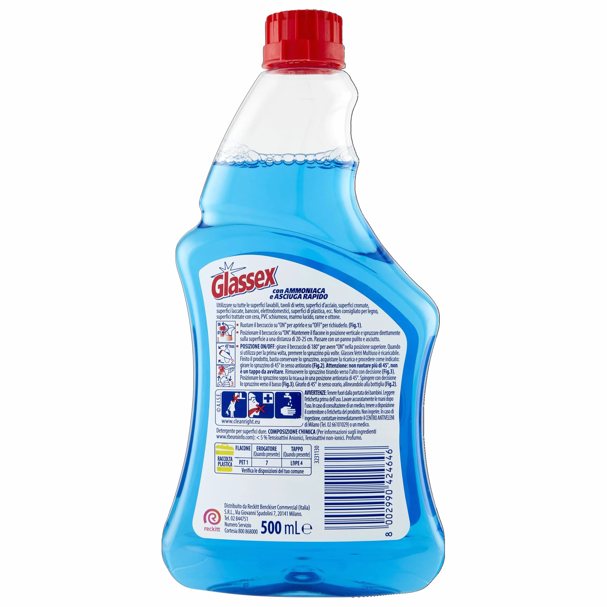 Glassex Ammoniaca e Asciuga Rapido Vetri e Multiuso 500 ml Kit con 2 Ricariche