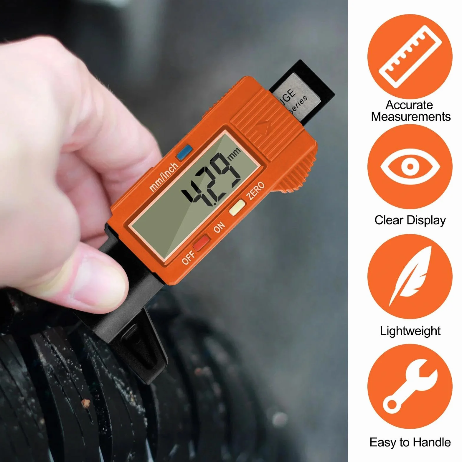 Gvolatee Misuratore Battistrada Pneumatici Digitale con LCD Display Profondimetro per Auto Furgoni Camion Moto Arancia